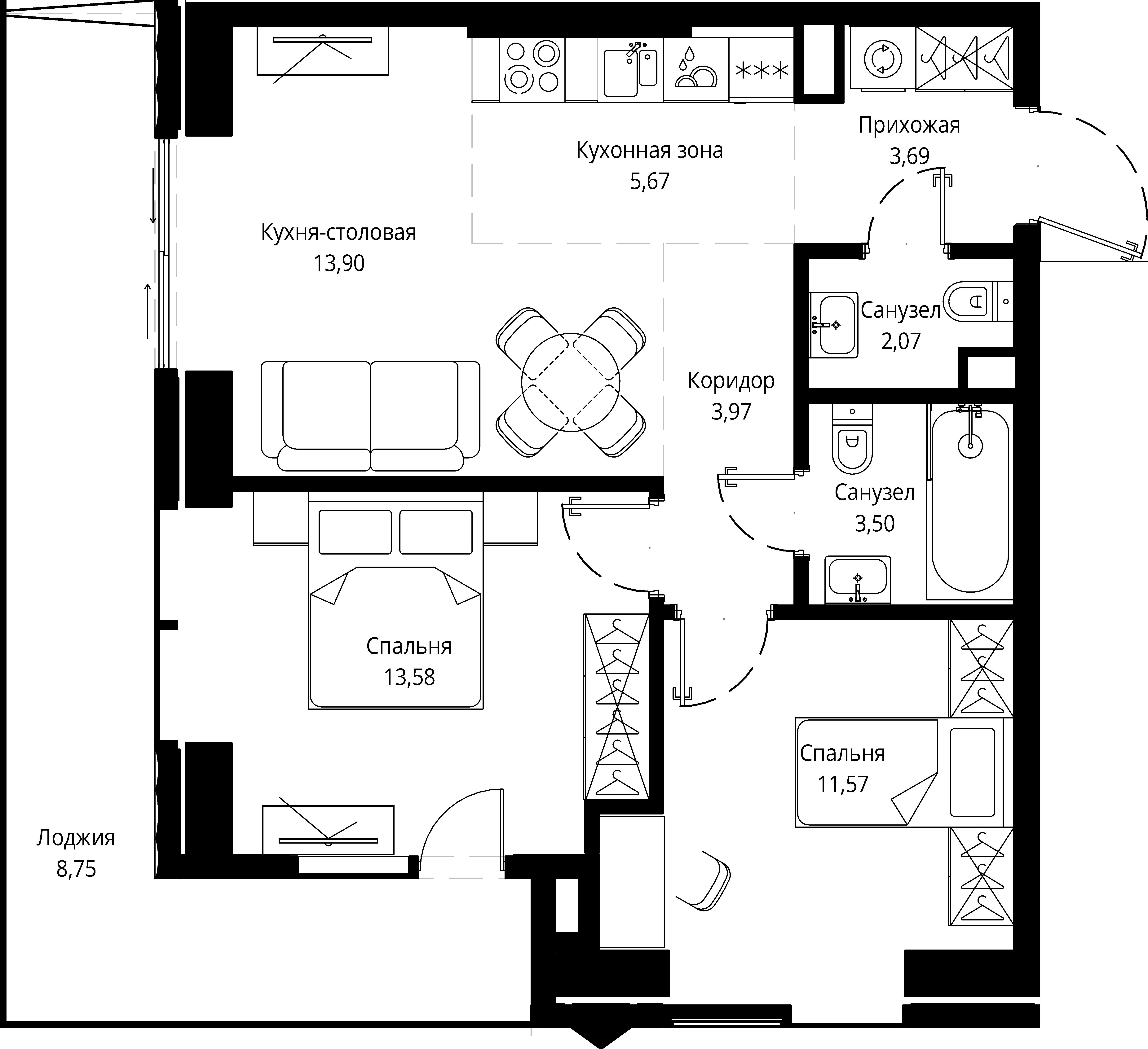 2 комн. квартира, 66.3 м², 7 этаж 