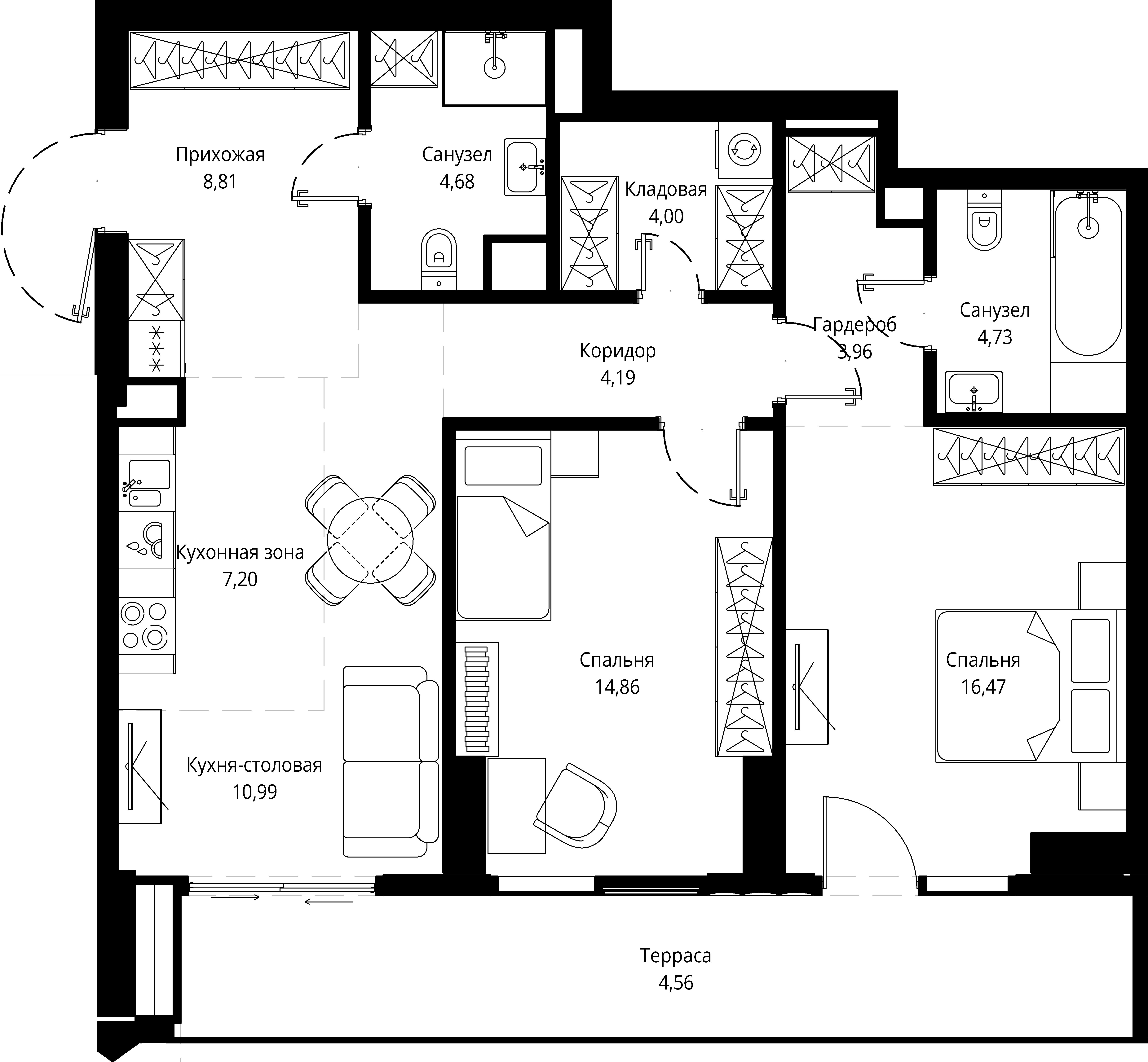 2 комн. квартира, 85.3 м², 11 этаж 