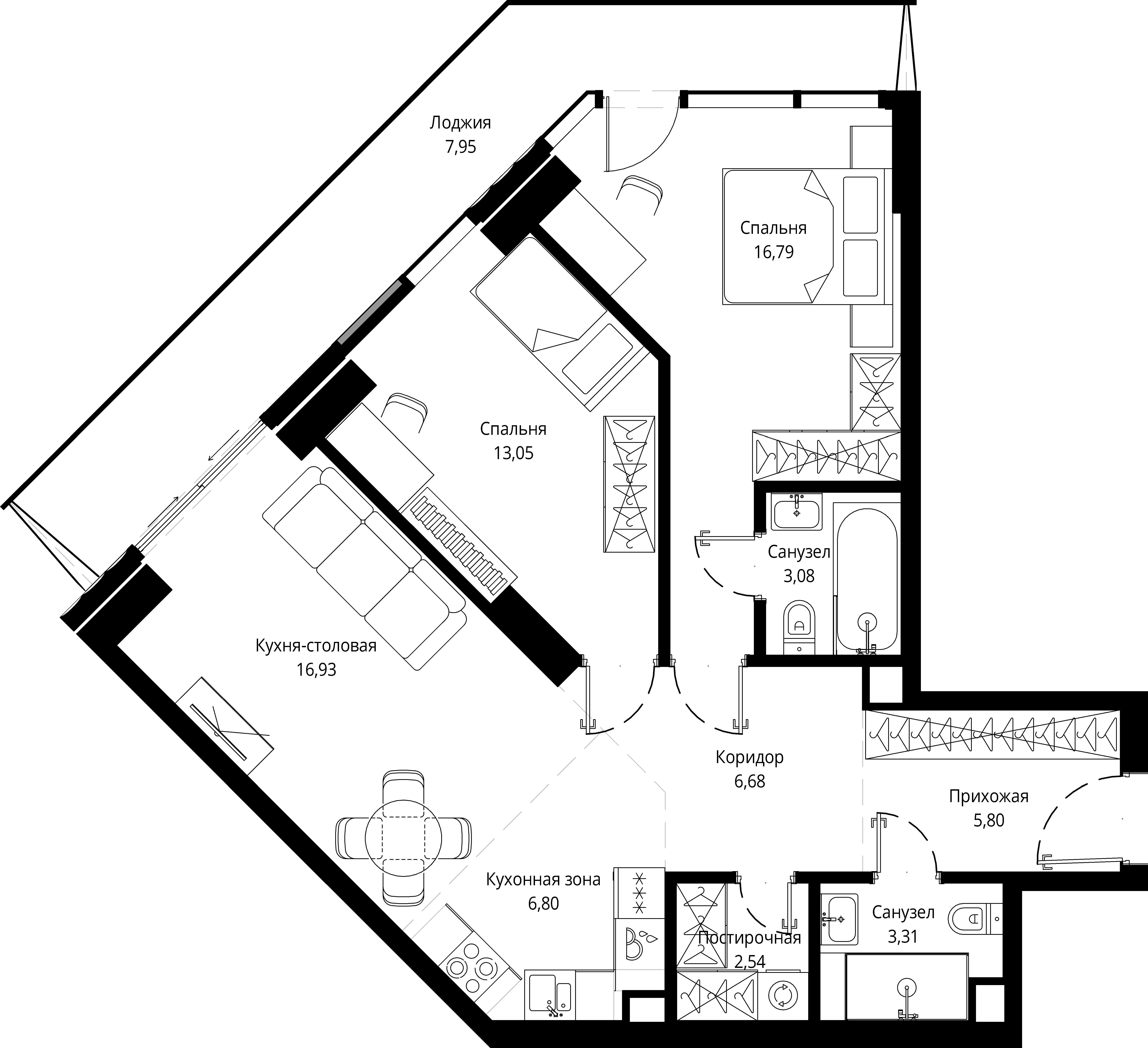 2 комн. квартира, 82.2 м², 7 этаж 