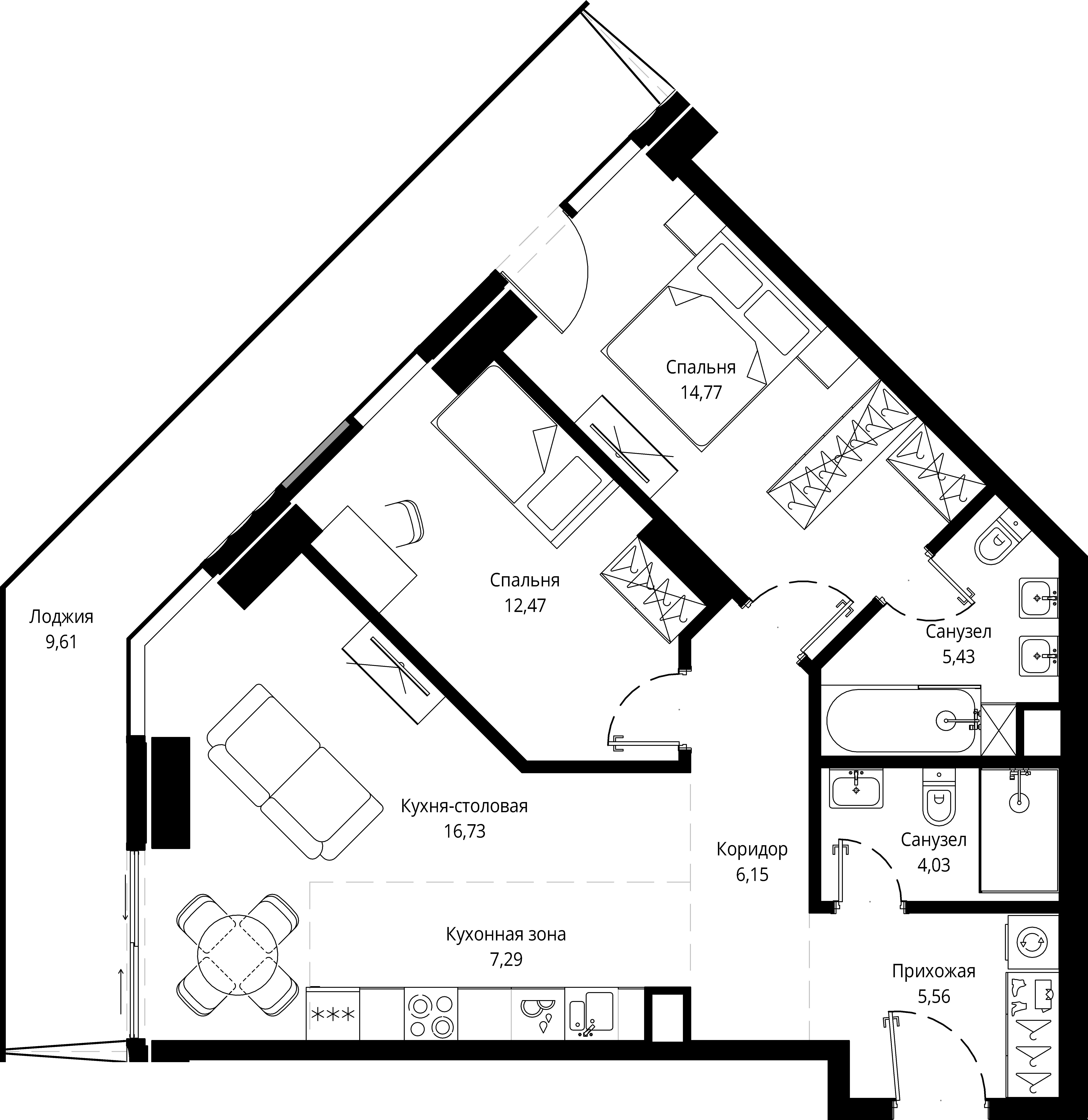 2 комн. квартира, 81.8 м², 4 этаж 