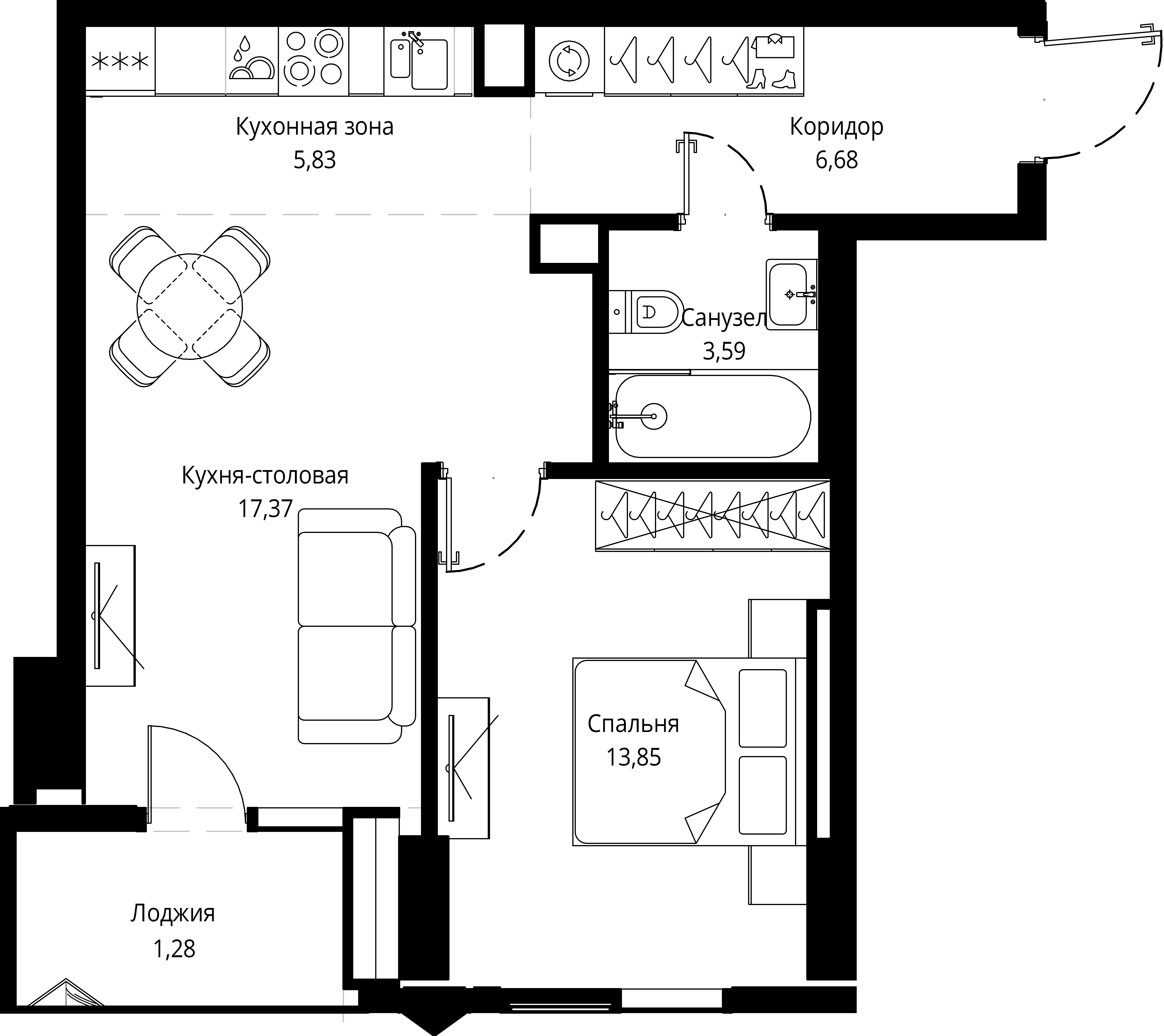 1 комн. квартира, 49.5 м², 4 этаж 