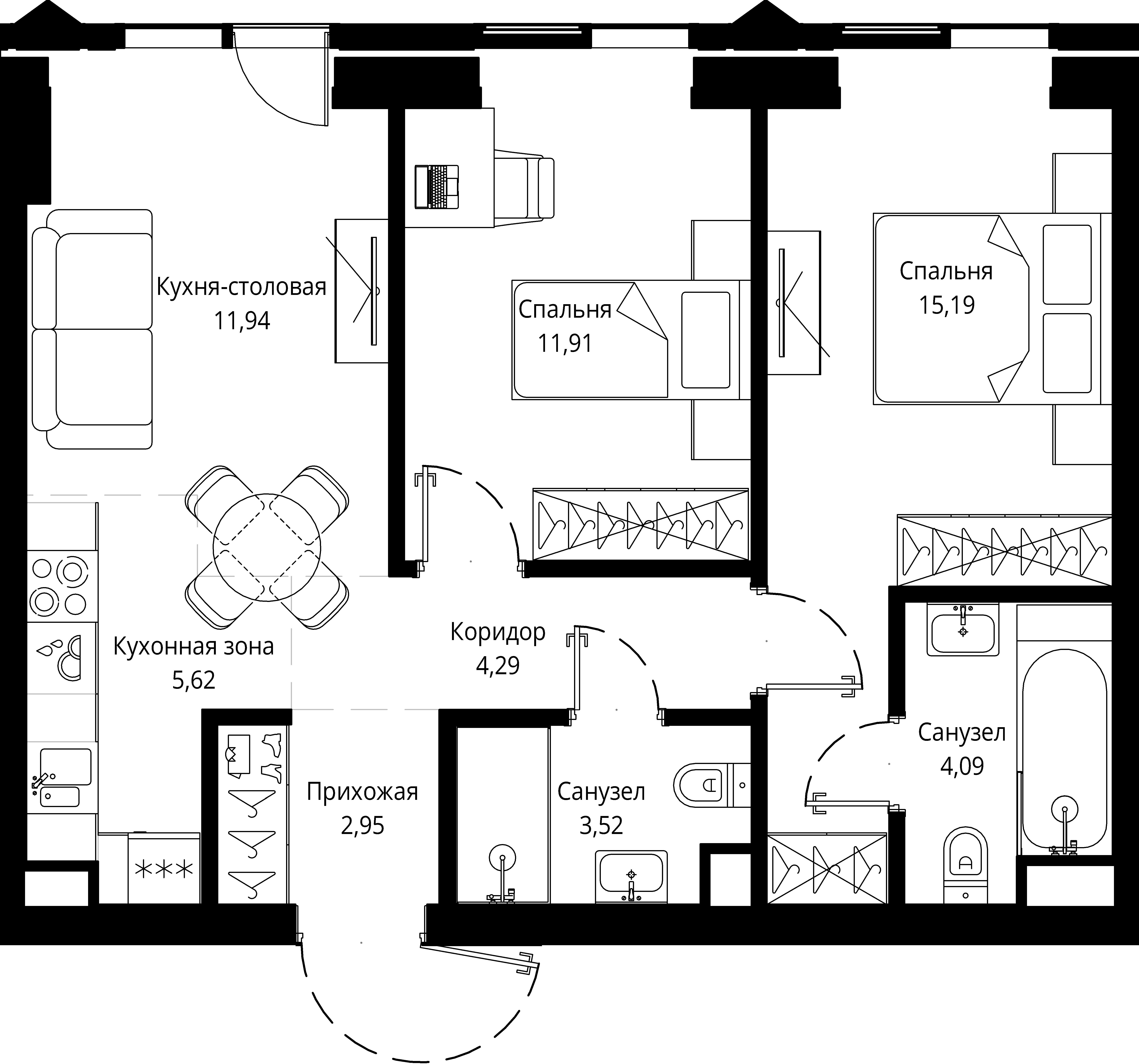 2 комн. квартира, 59.9 м², 3 этаж 