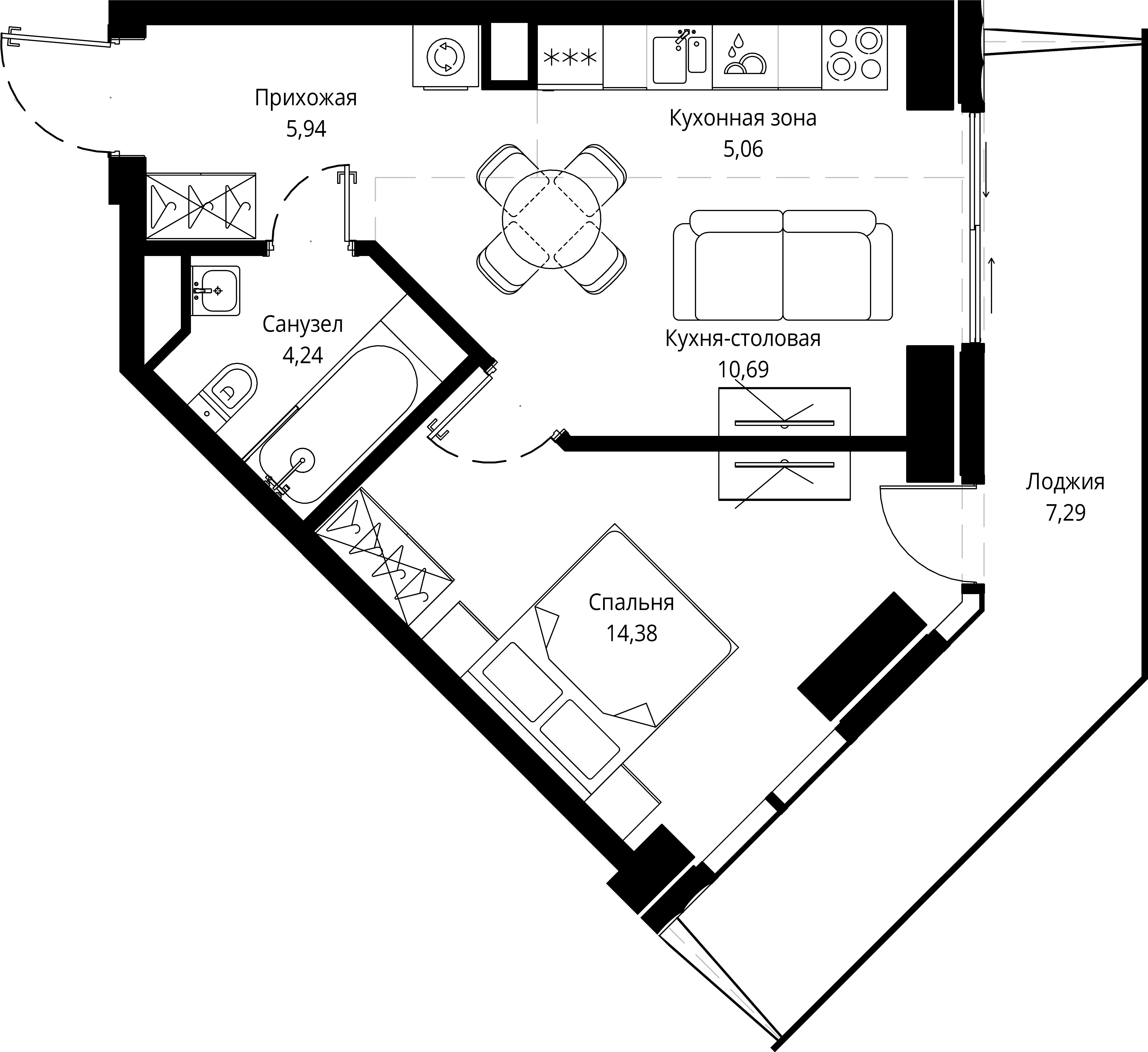 1 комн. квартира, 48.1 м², 5 этаж 