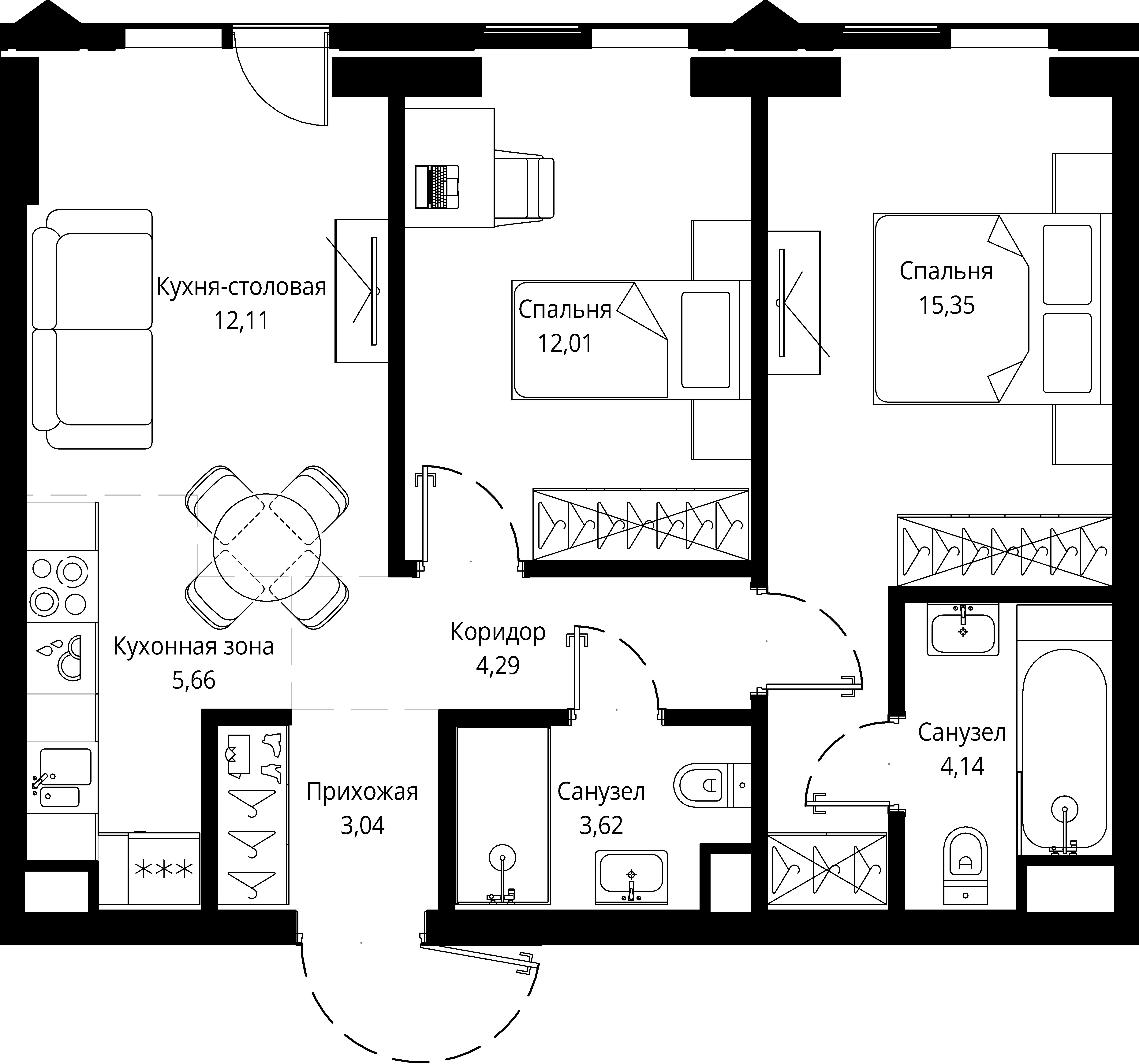 2 комн. квартира, 60.6 м², 13 этаж 