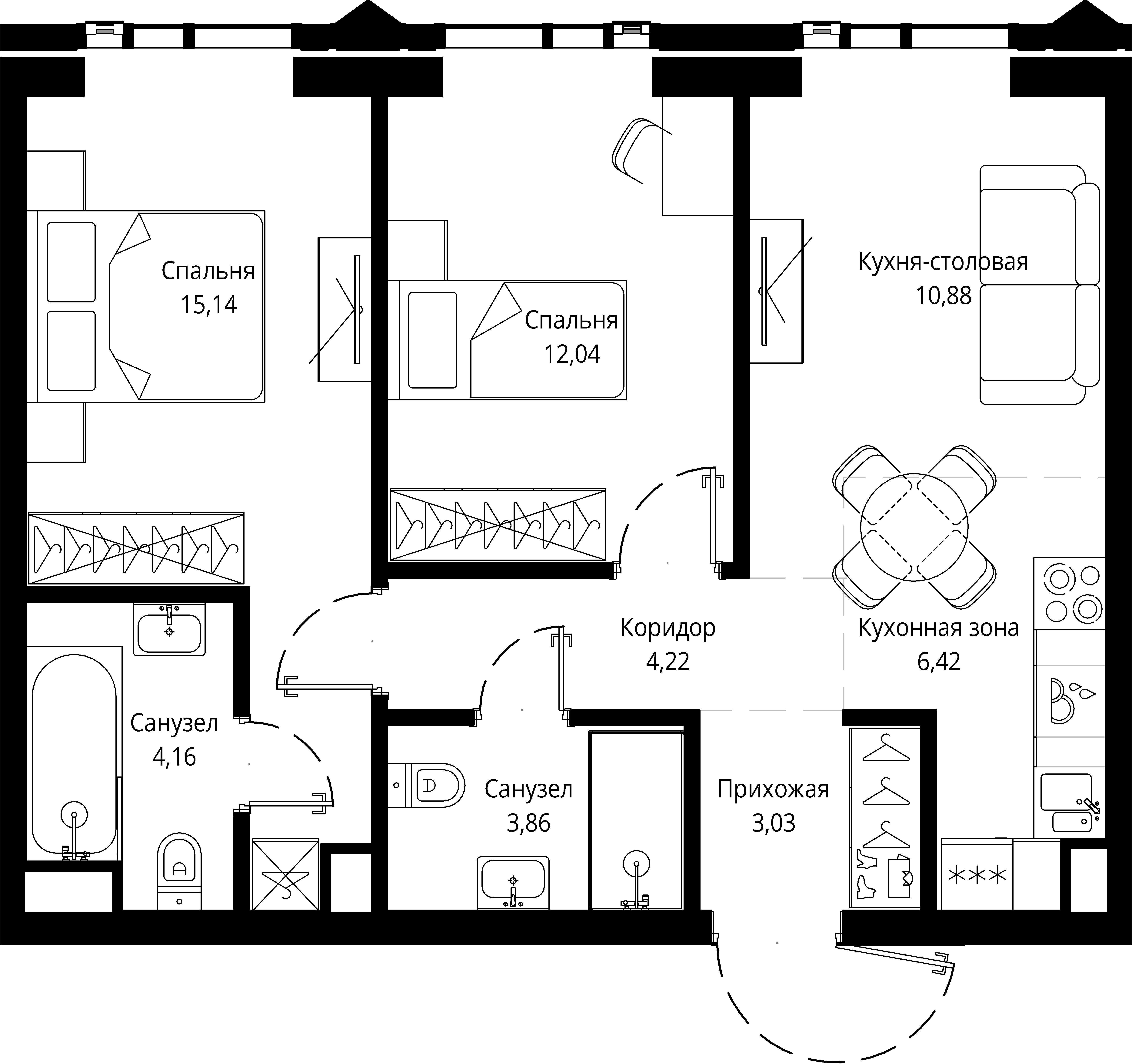 2 комн. квартира, 60.2 м², 18 этаж 
