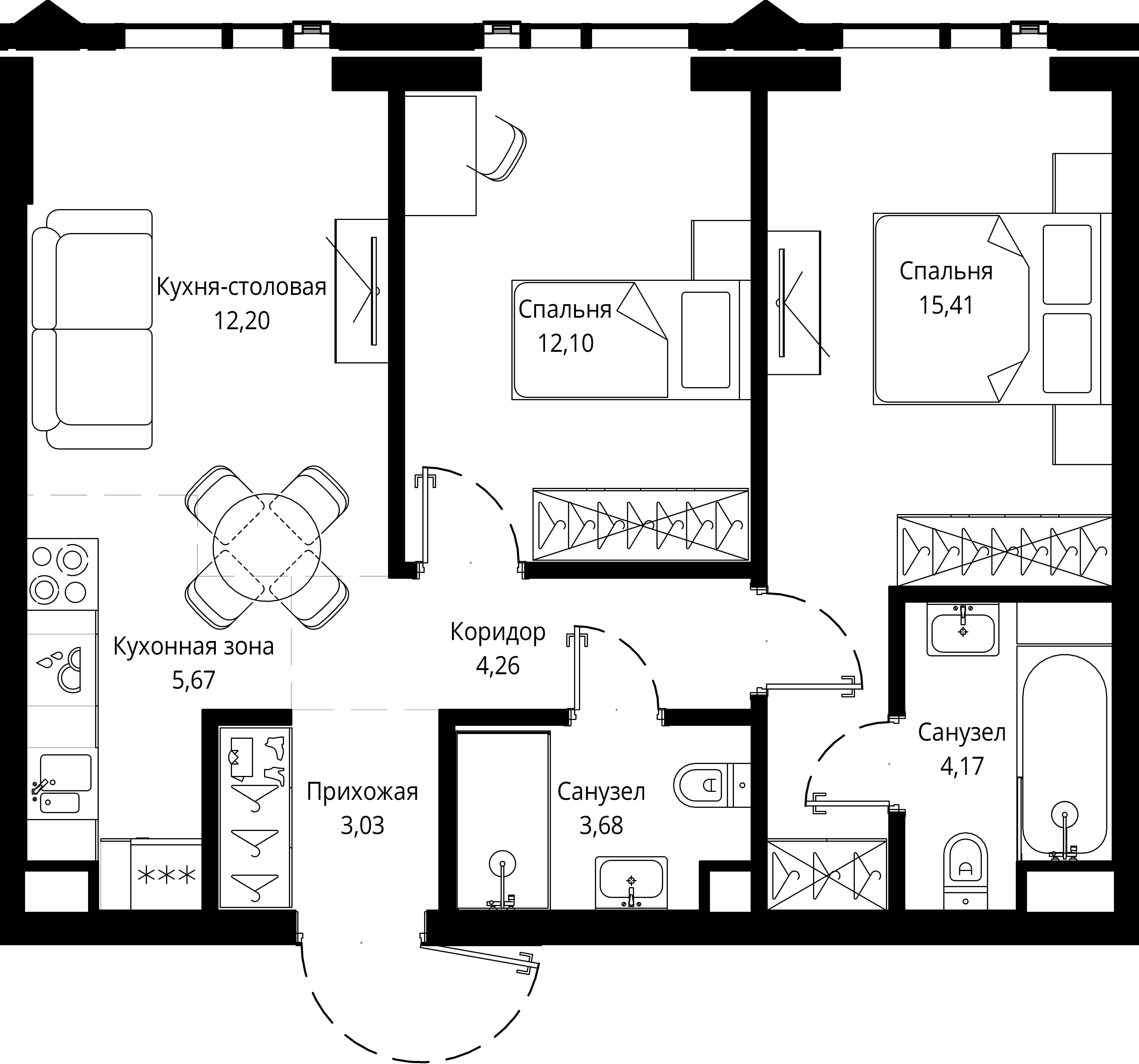 2 комн. квартира, 61 м², 26 этаж 