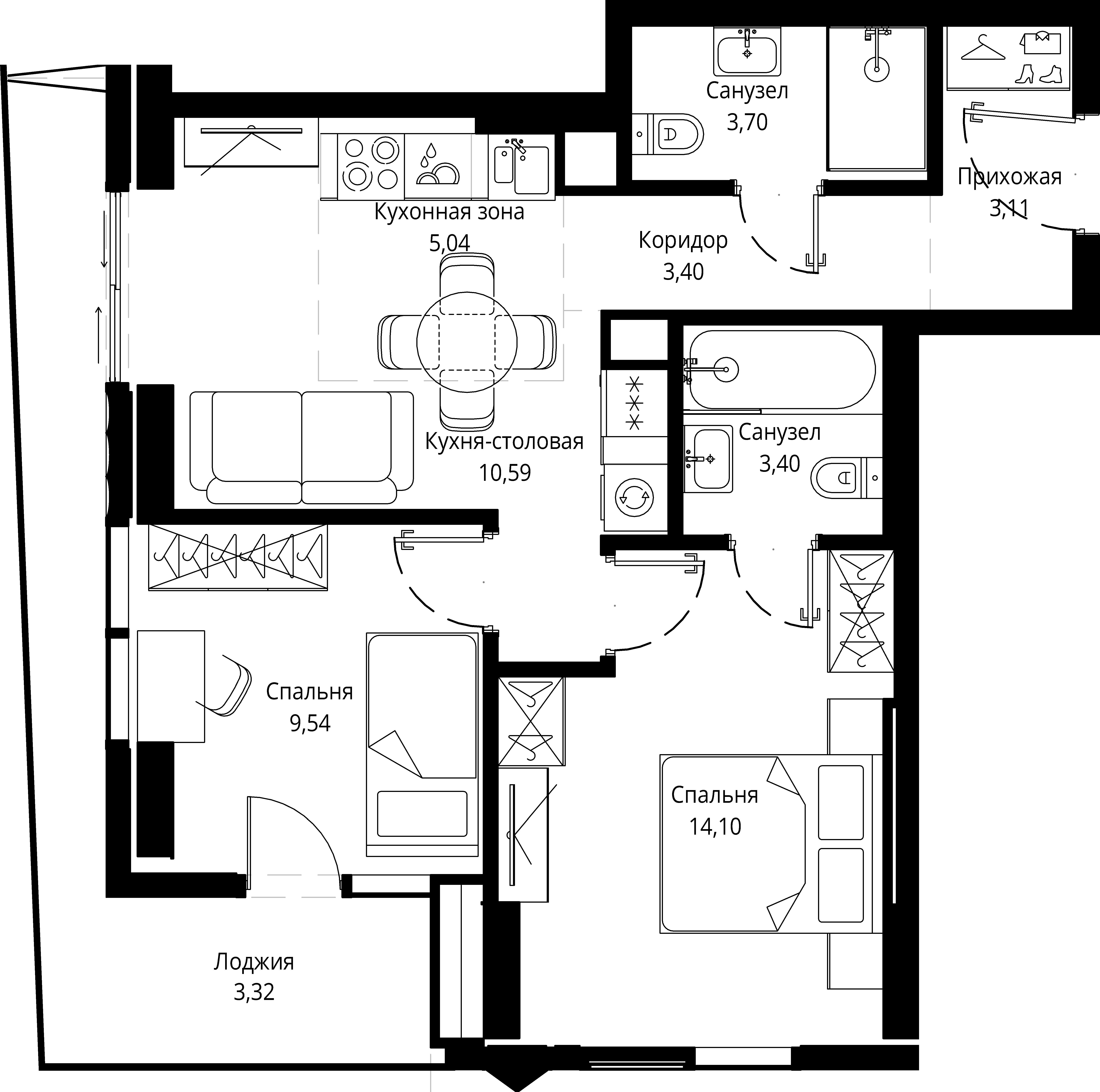 2 комн. квартира, 57.2 м², 16 этаж 
