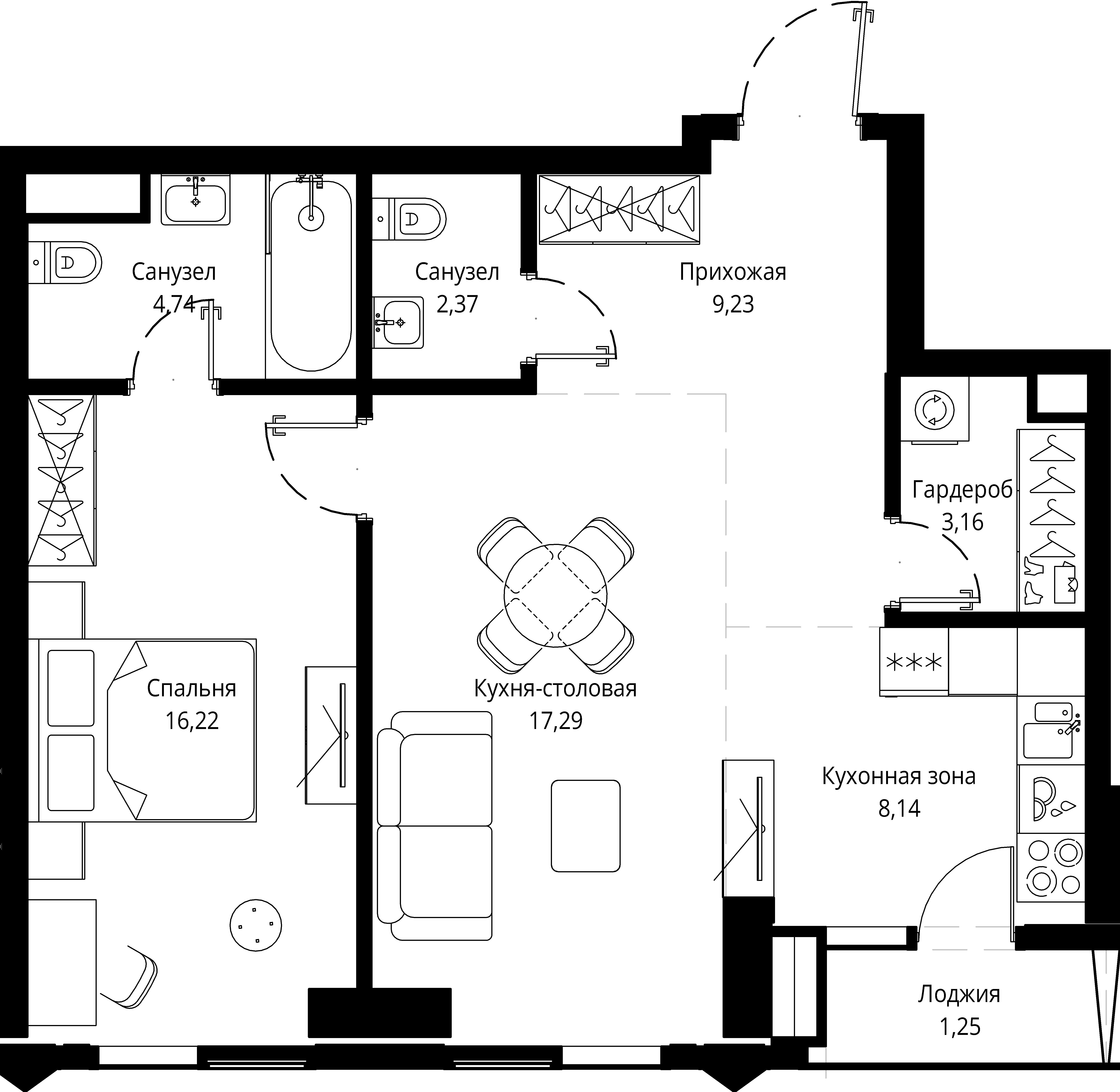 1 комн. квартира, 62.3 м², 2 этаж 