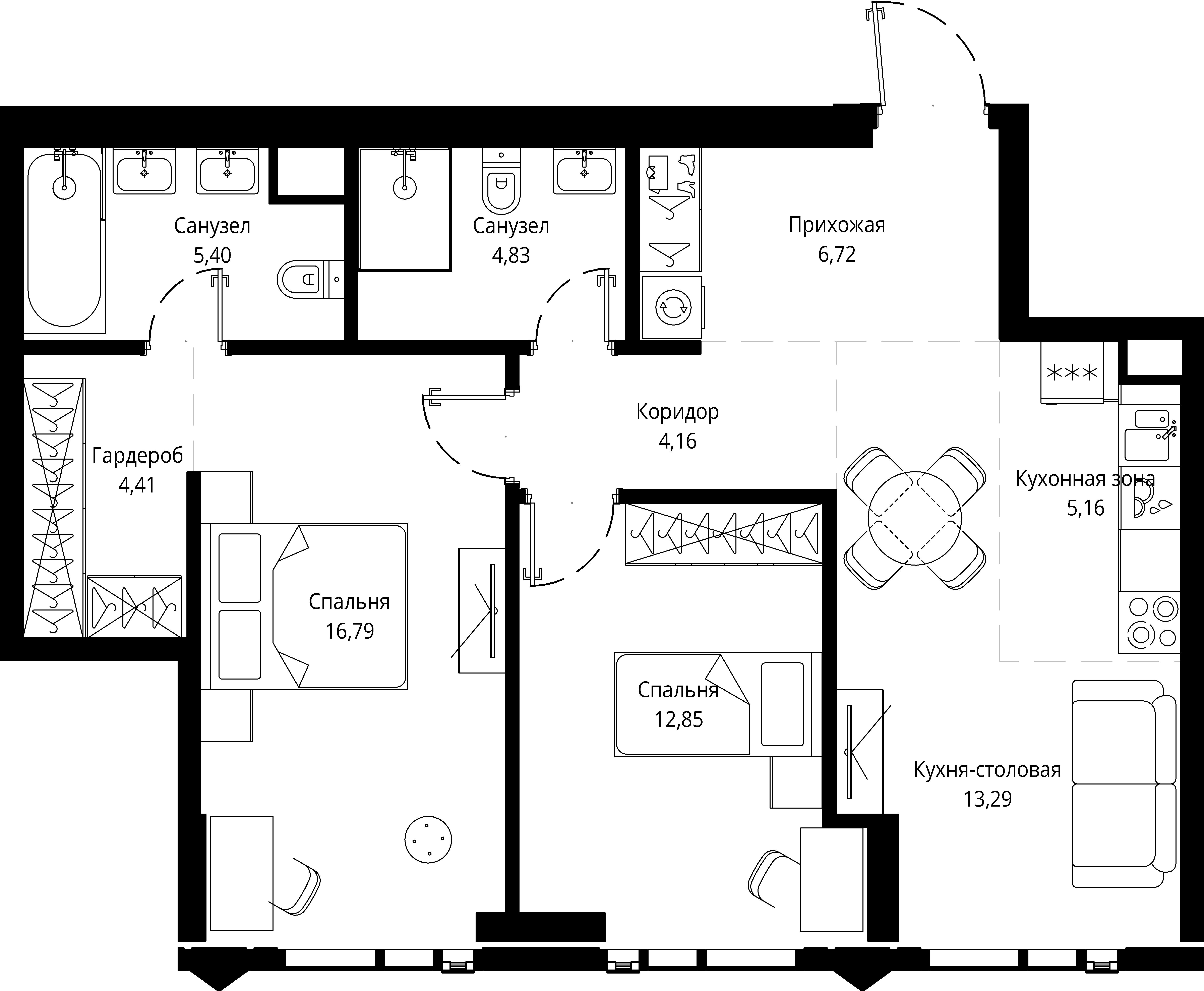 2 комн. квартира, 73.8 м², 25 этаж 