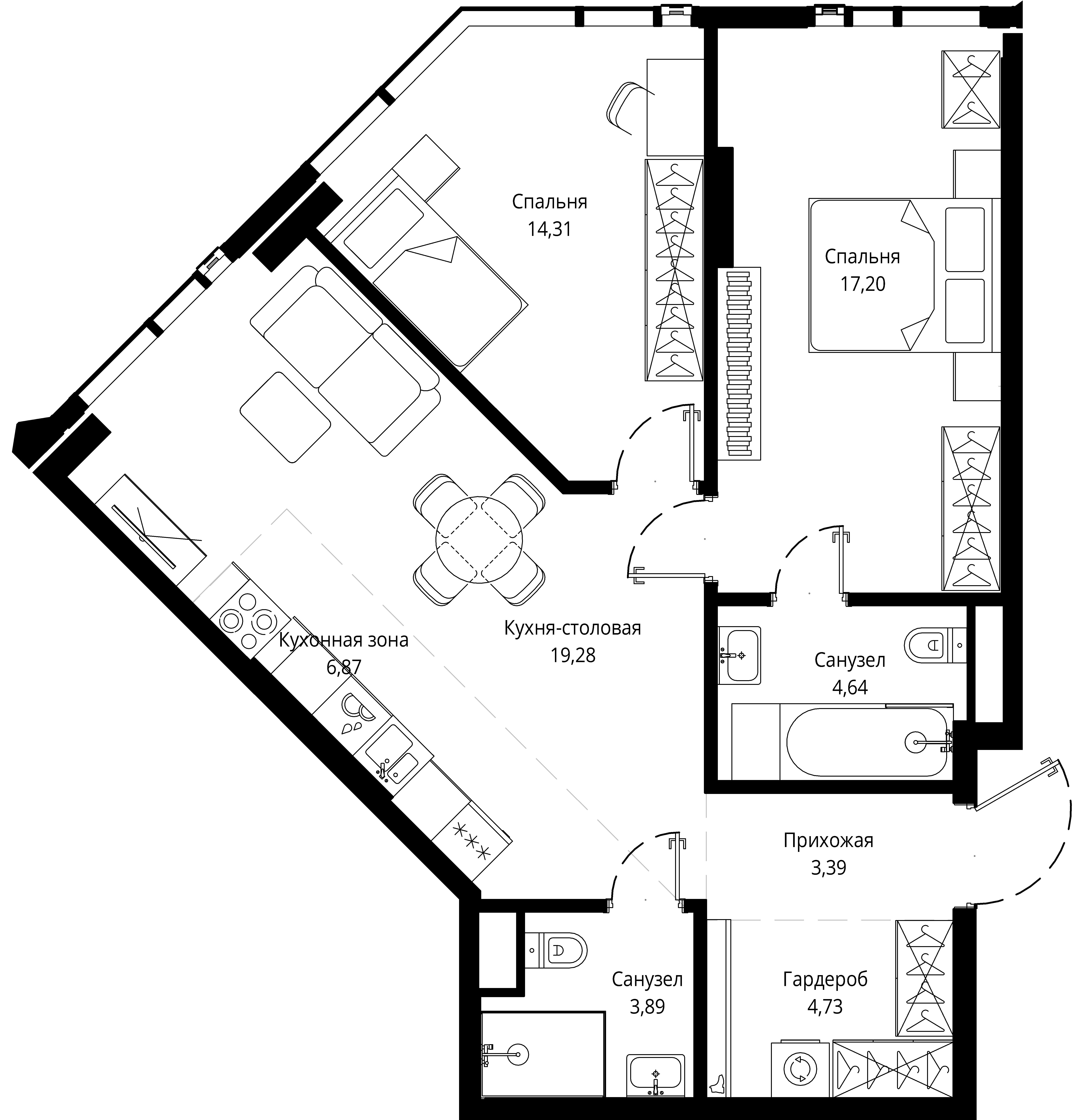2 комн. квартира, 74.5 м², 25 этаж 