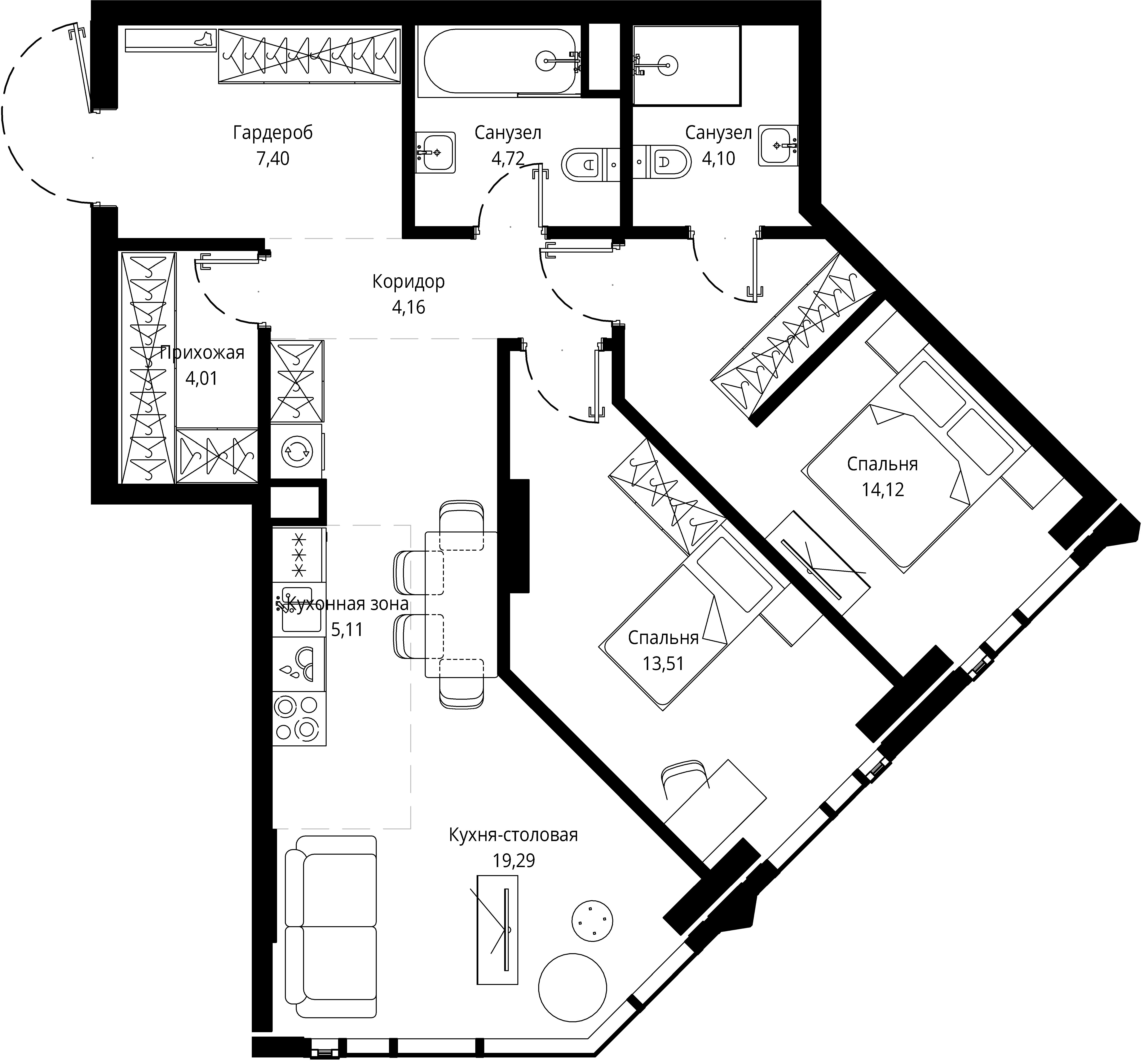2 комн. квартира, 76.8 м², 25 этаж 