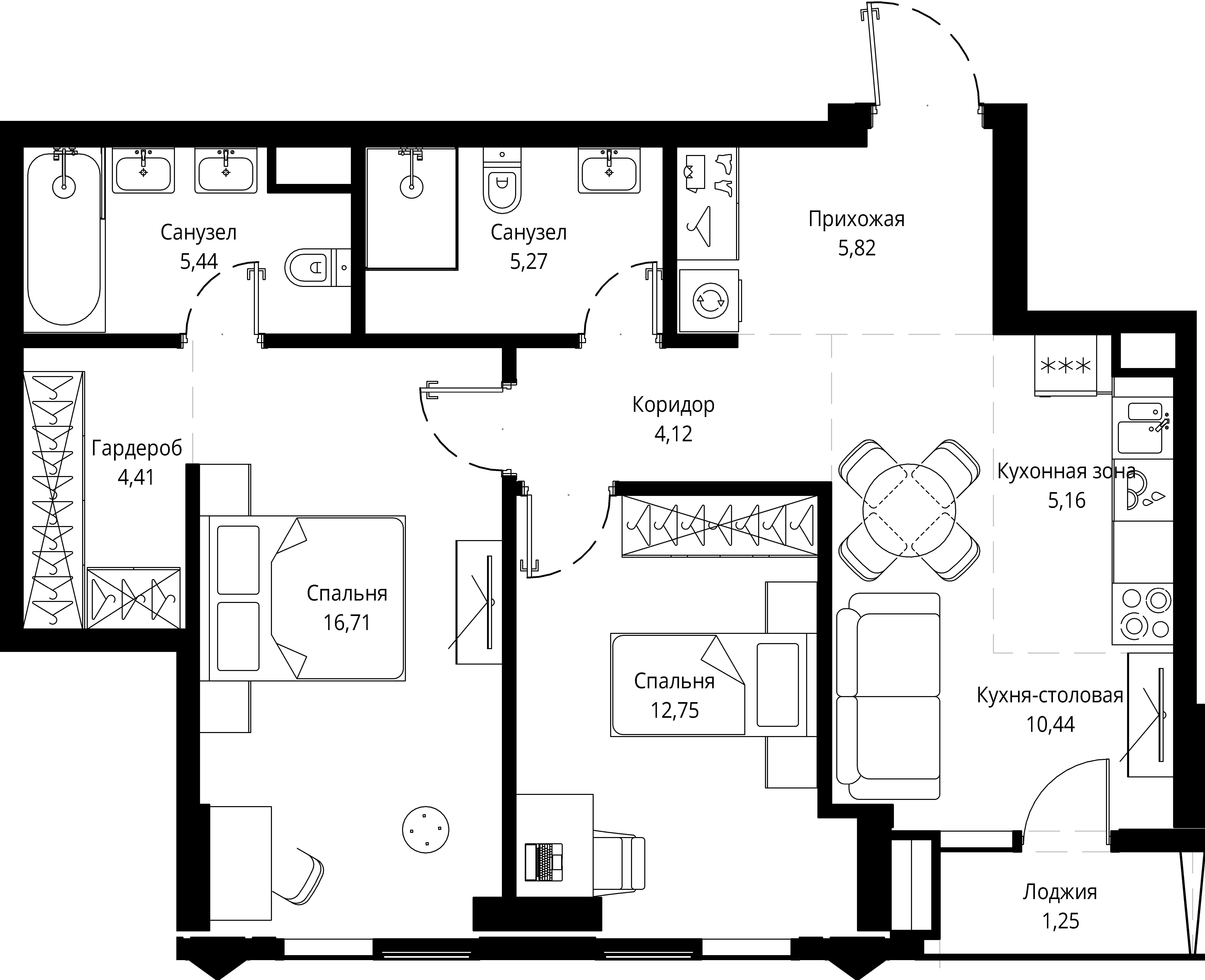 2 комн. квартира, 71.6 м², 13 этаж 