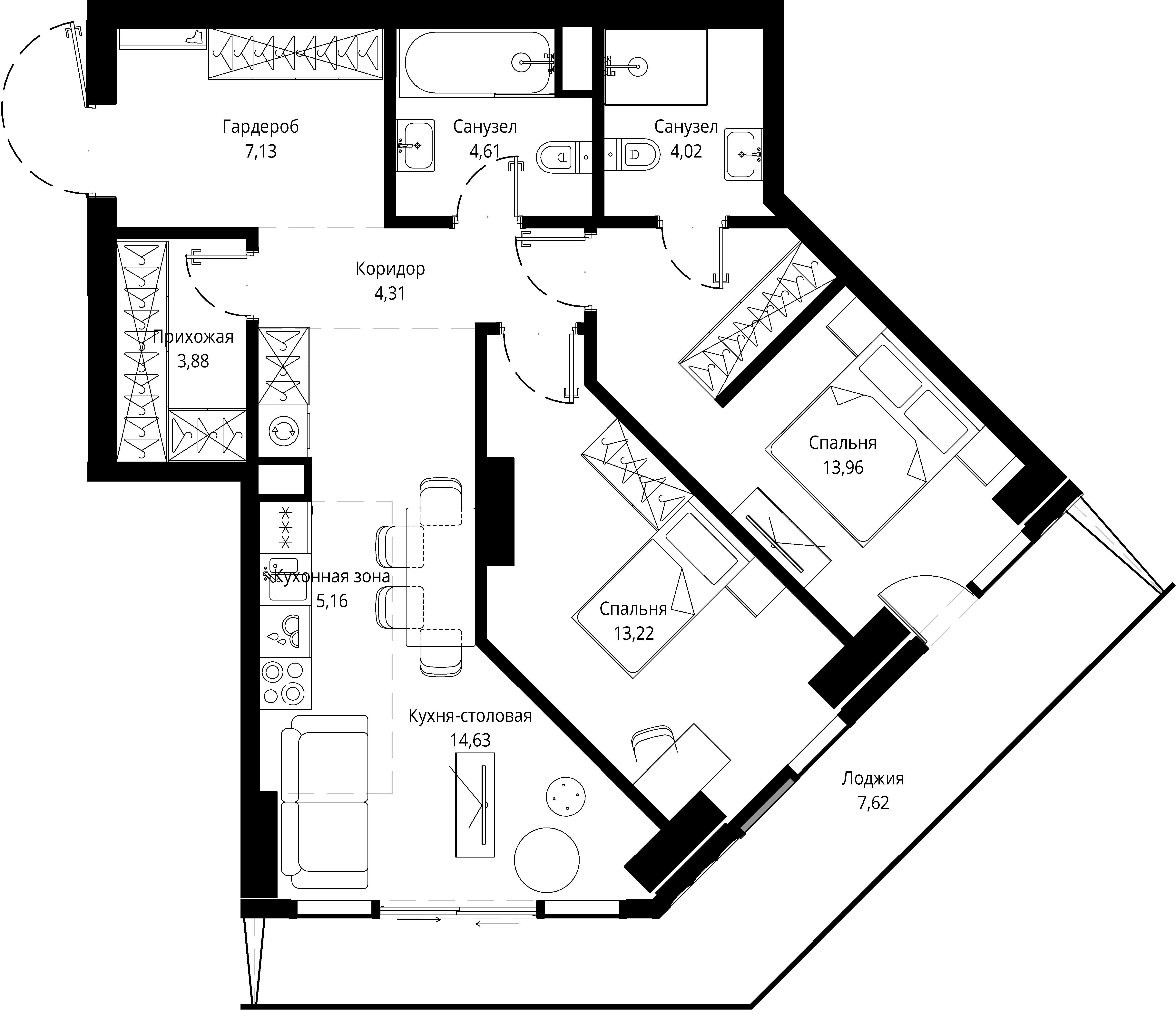 2 комн. квартира, 79.2 м², 6 этаж 