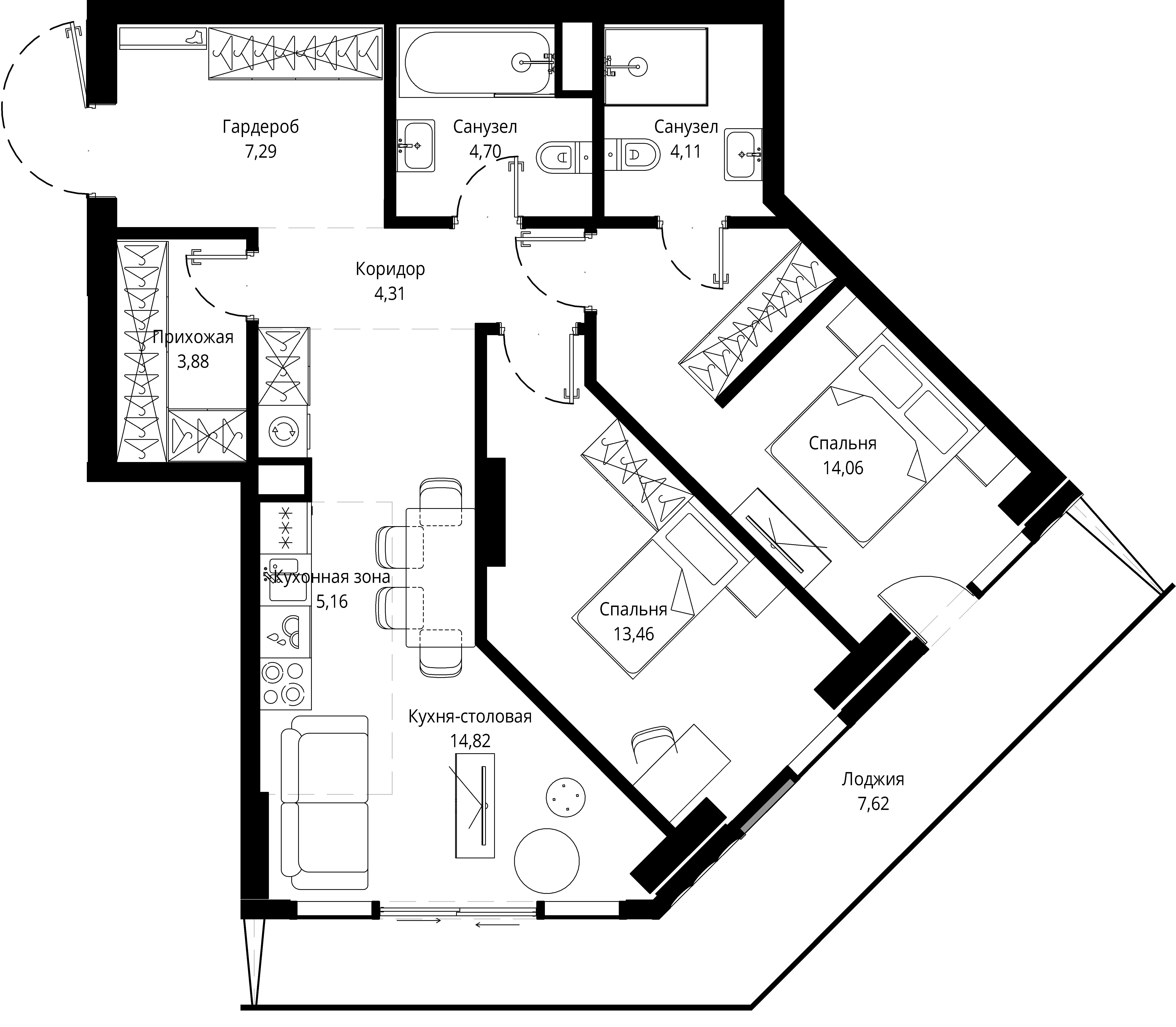 2 комн. квартира, 80 м², 10 этаж 