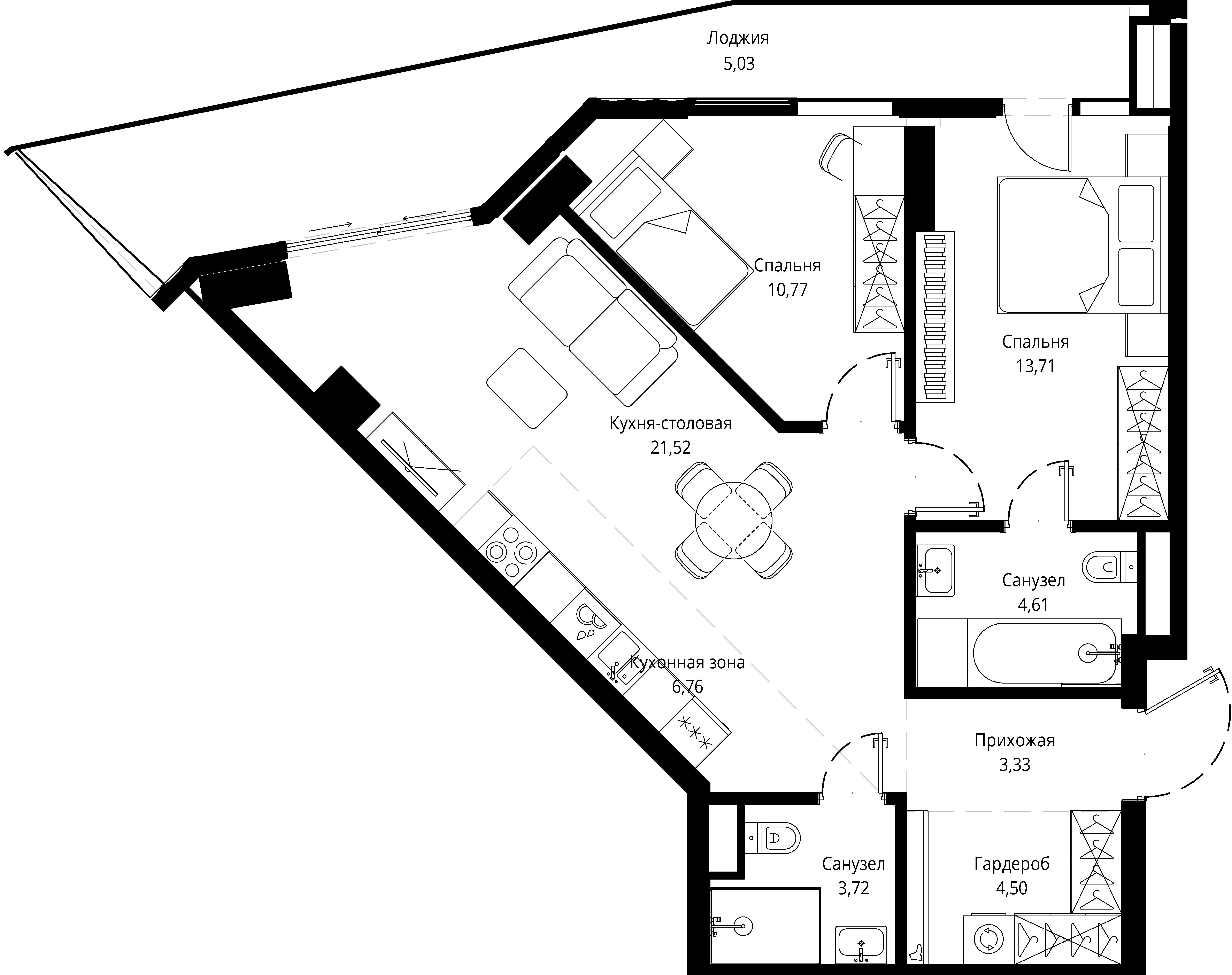 2 комн. квартира, 74.3 м², 12 этаж 