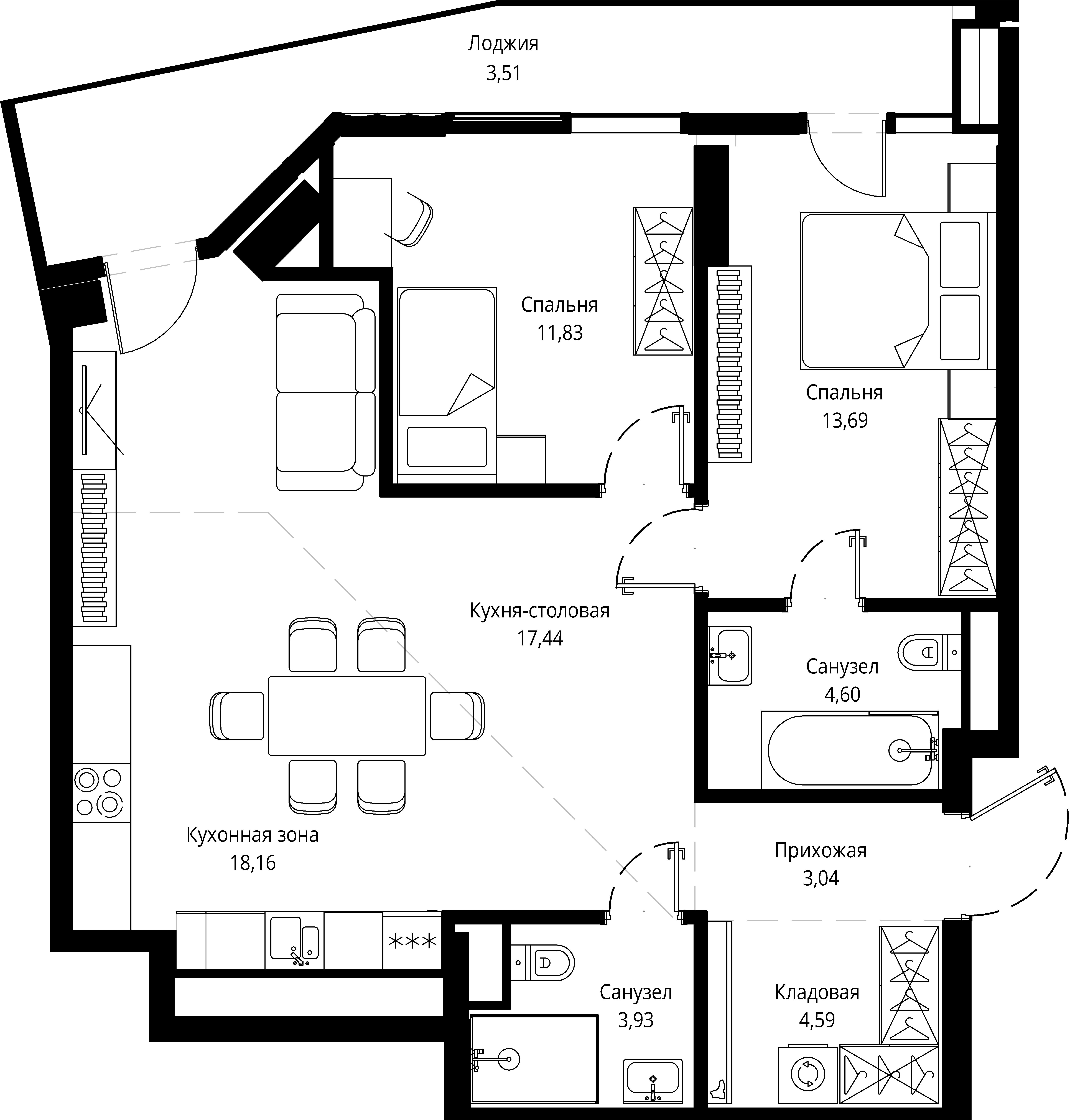 2 комн. квартира, 82 м², 8 этаж 