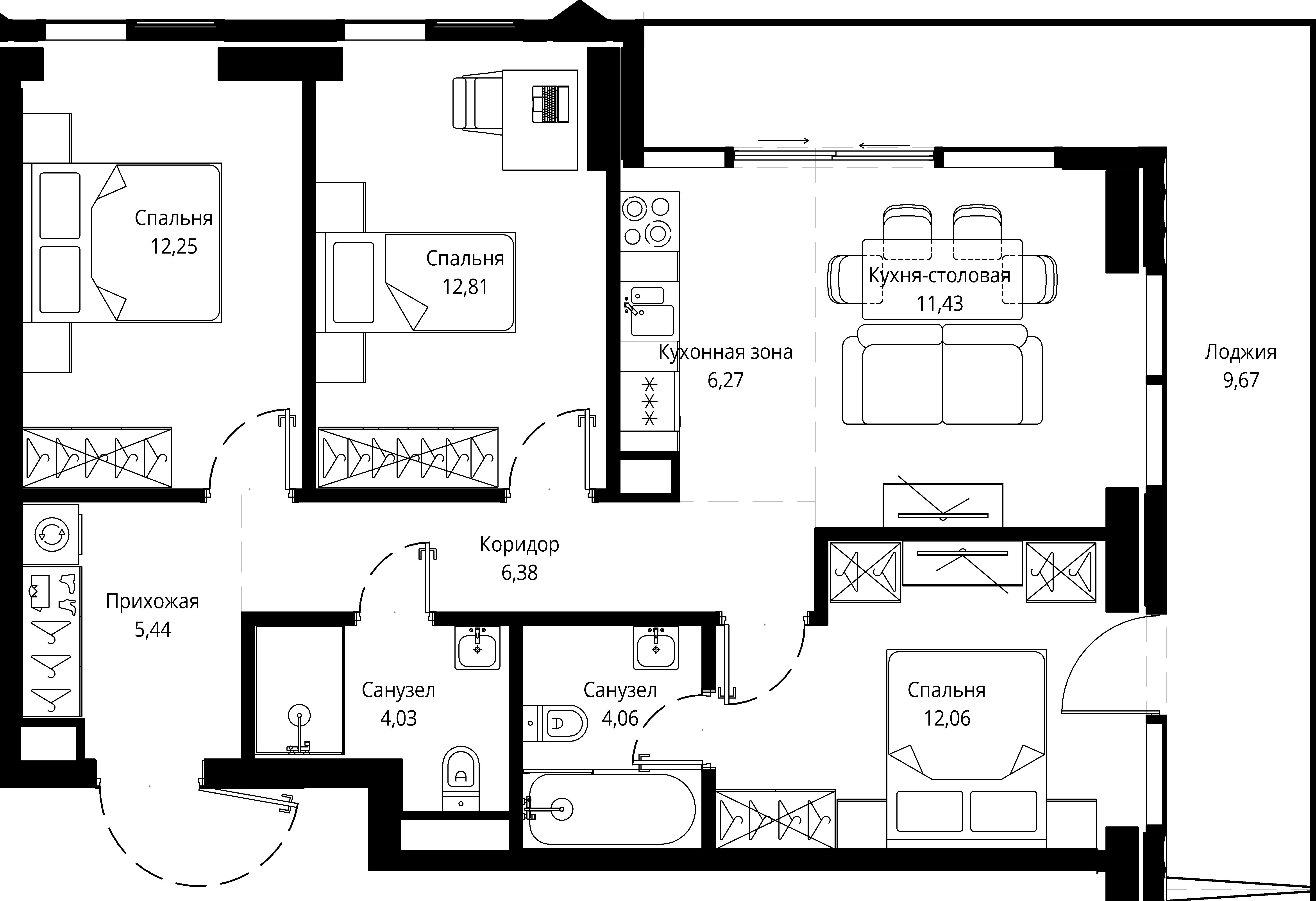 3 комн. квартира, 84.7 м², 13 этаж 