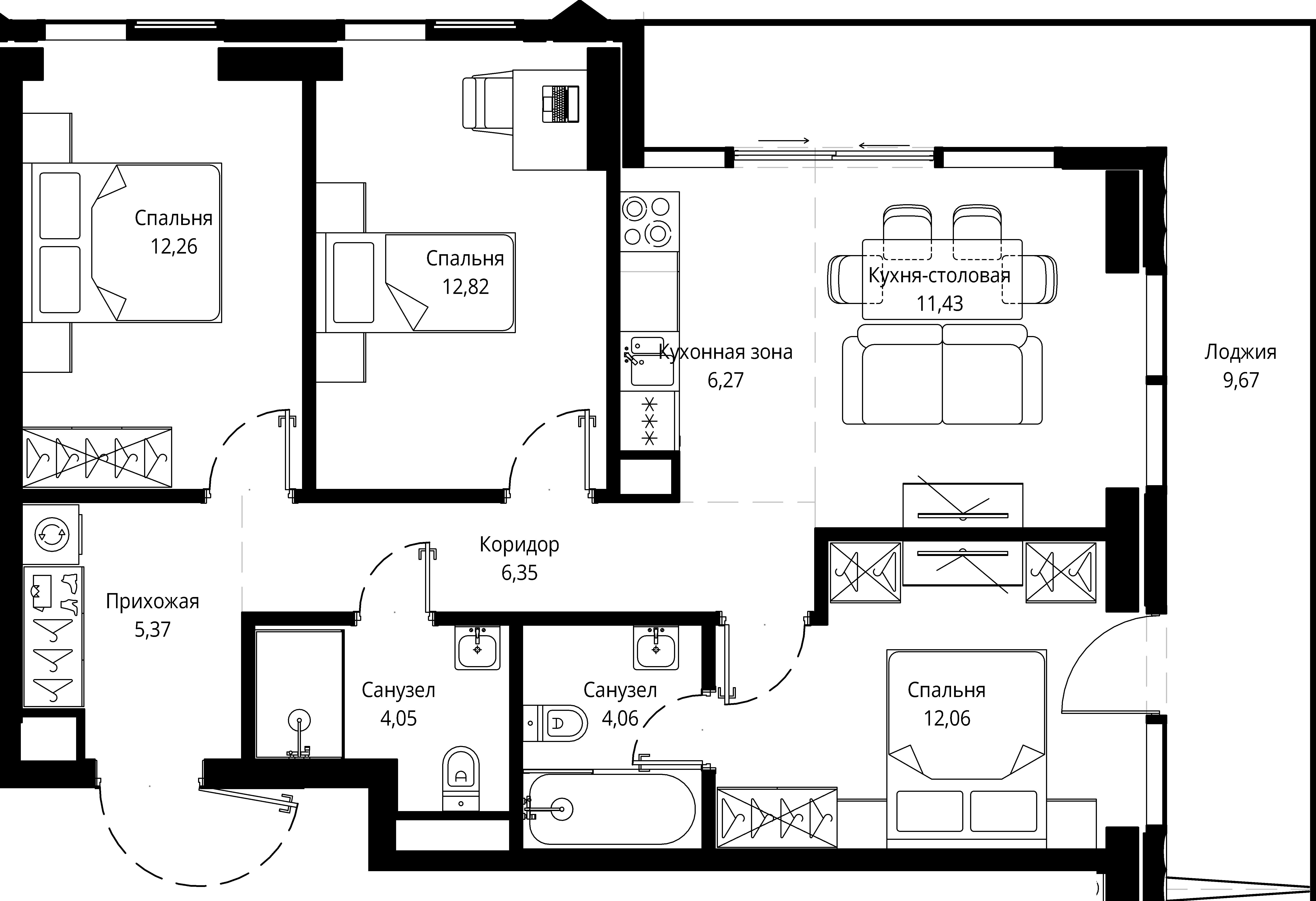 3 комн. квартира, 84.8 м², 17 этаж 
