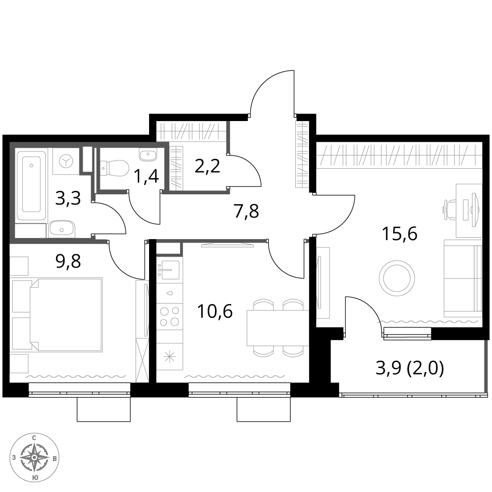 2 комн. квартира, 52.7 м², 9 этаж 
