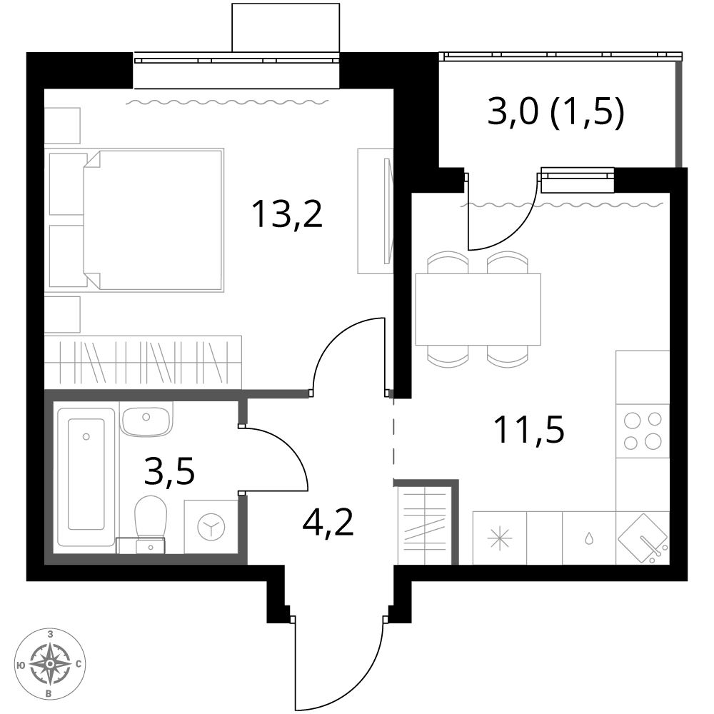 1 комн. квартира, 33.9 м², 2 этаж 