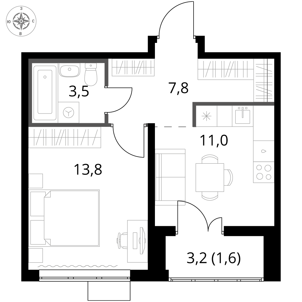 1 комн. квартира, 37.7 м², 7 этаж 