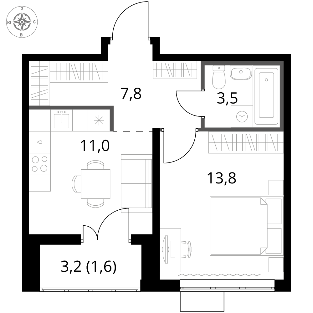 1 комн. квартира, 37.7 м², 8 этаж 
