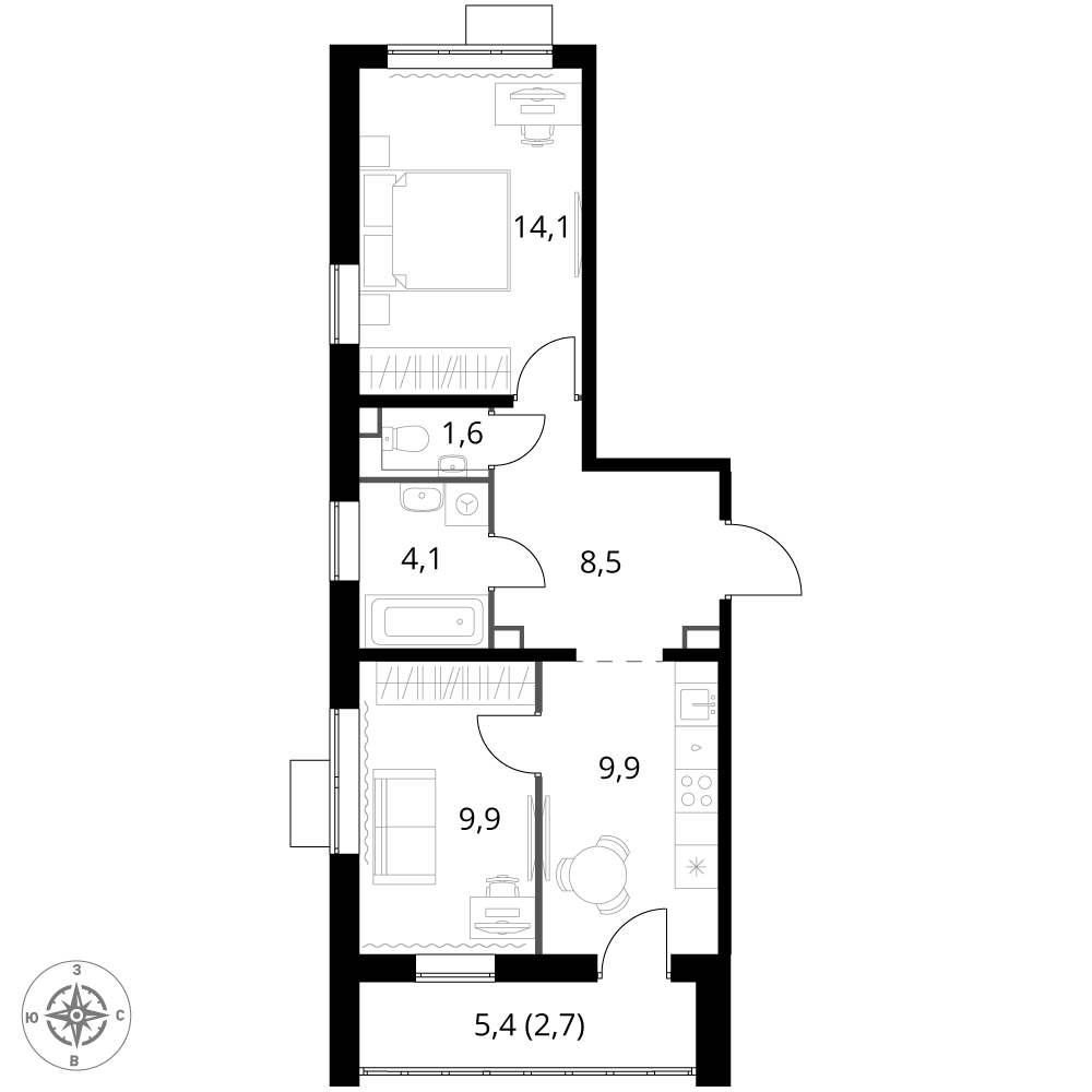 2 комн. квартира, 50.8 м², 9 этаж 