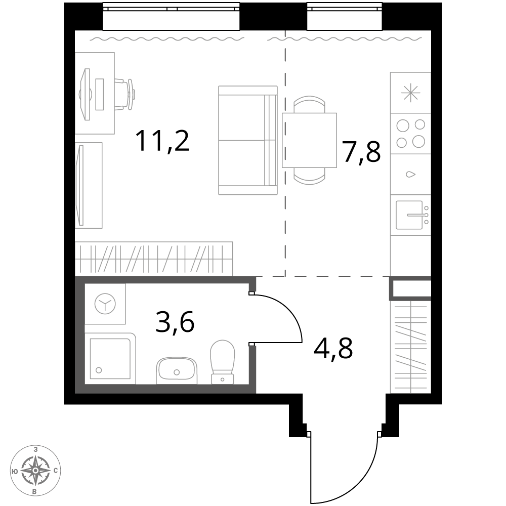 студия, 27.4 м², 24 этаж 