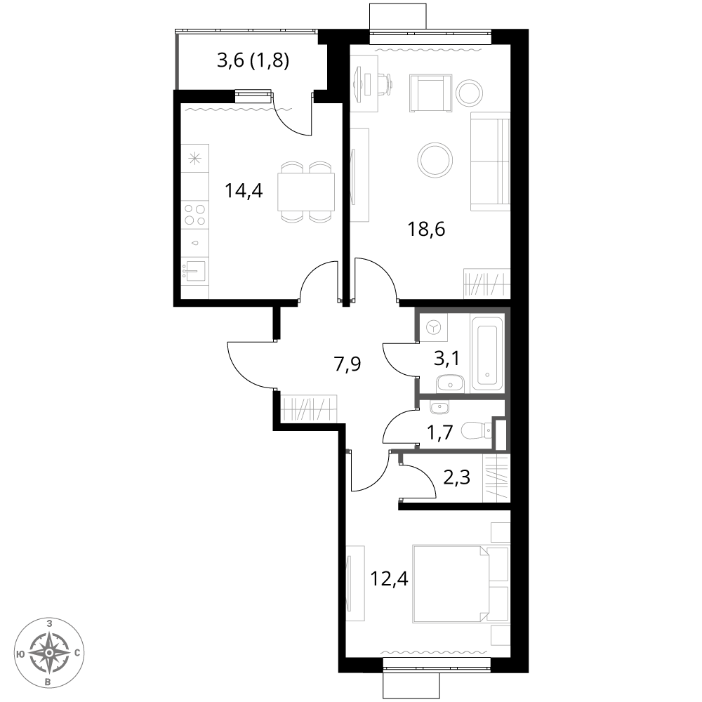 2 комн. квартира, 62.2 м², 24 этаж 