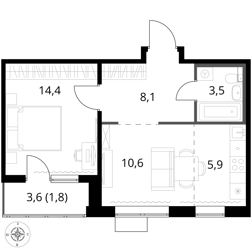 2 комн. квартира, 44.3 м², 2 этаж 