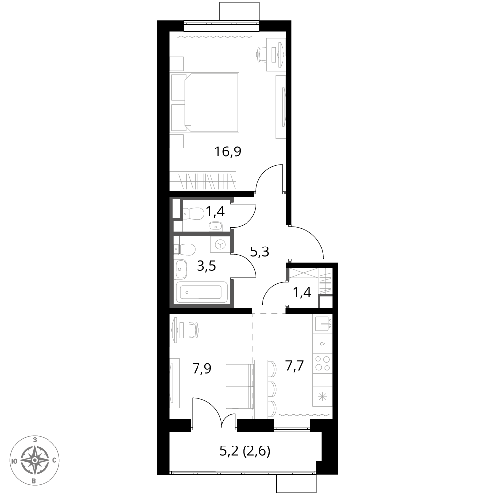 2 комн. квартира, 46.7 м², 2 этаж 