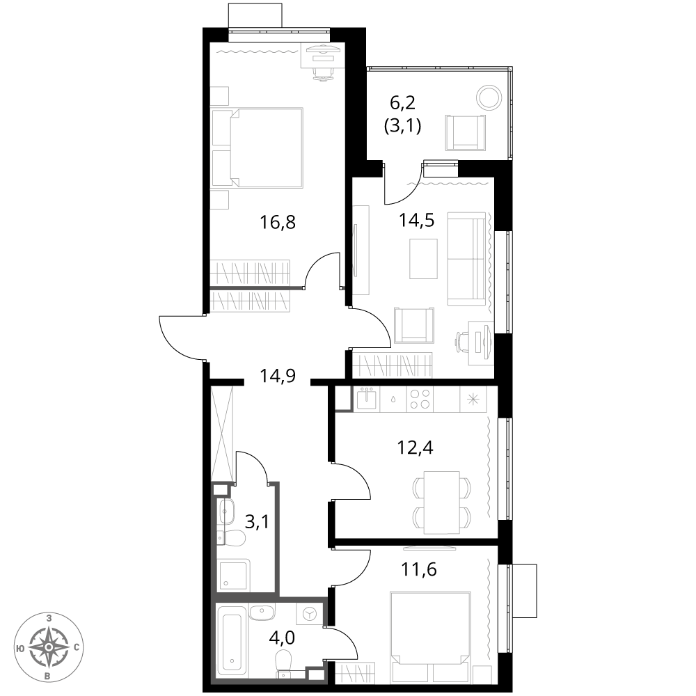 3 комн. квартира, 80.4 м², 2 этаж 