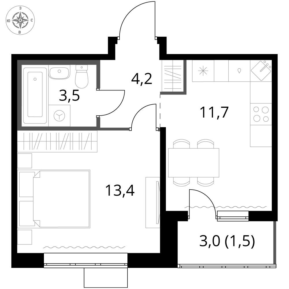 1 комн. квартира, 34.3 м², 12 этаж 