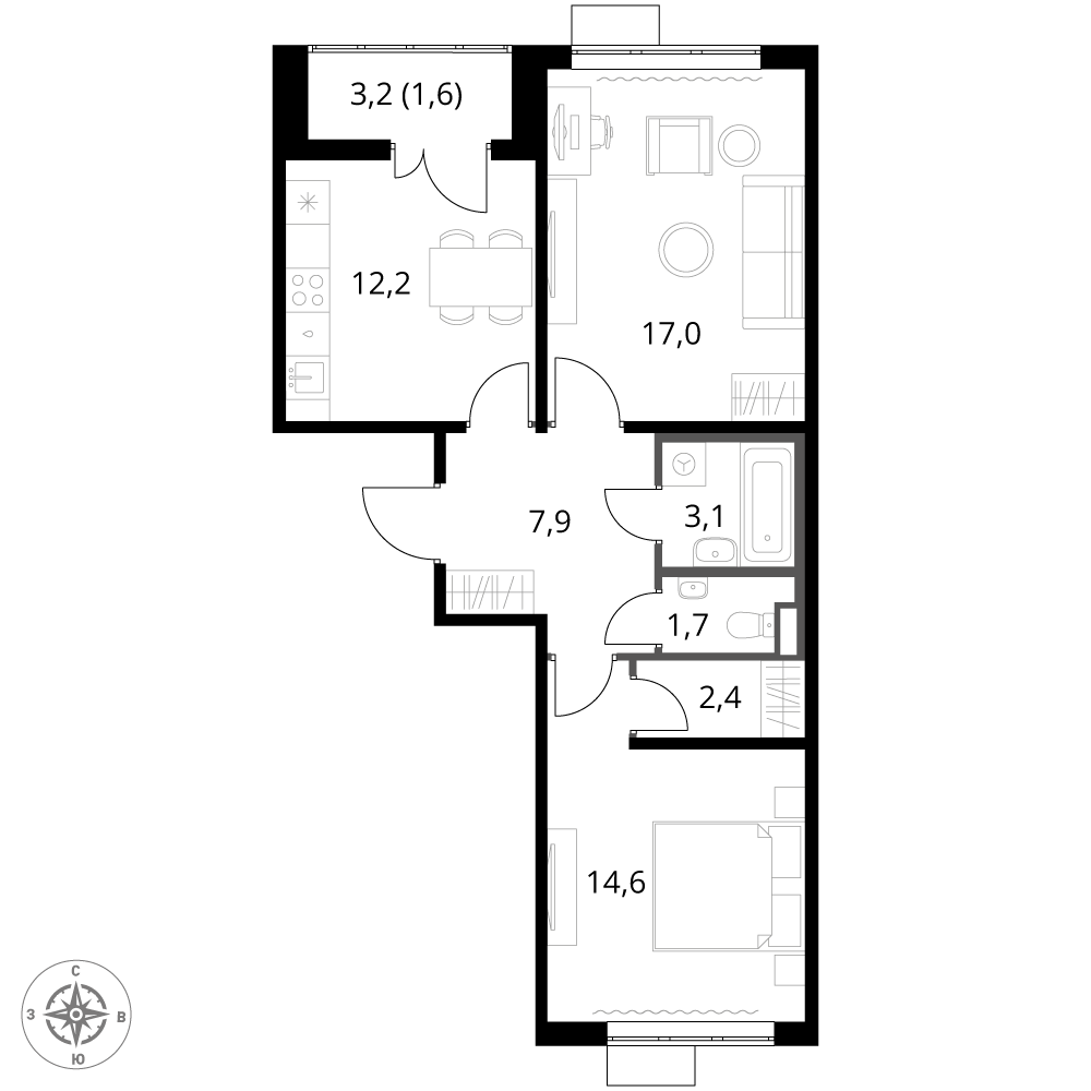 2 комн. квартира, 60.5 м², 11 этаж 