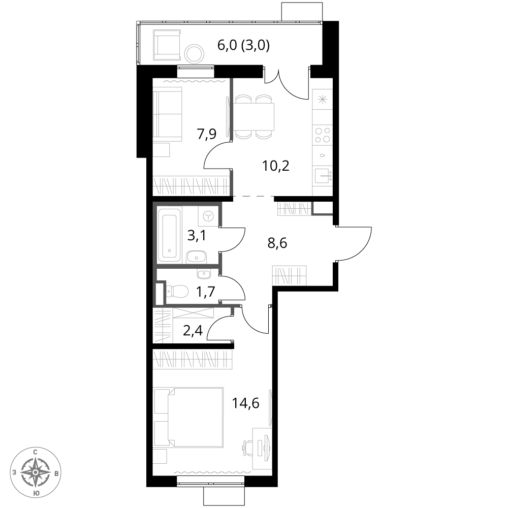 2 комн. квартира, 51.5 м², 12 этаж 