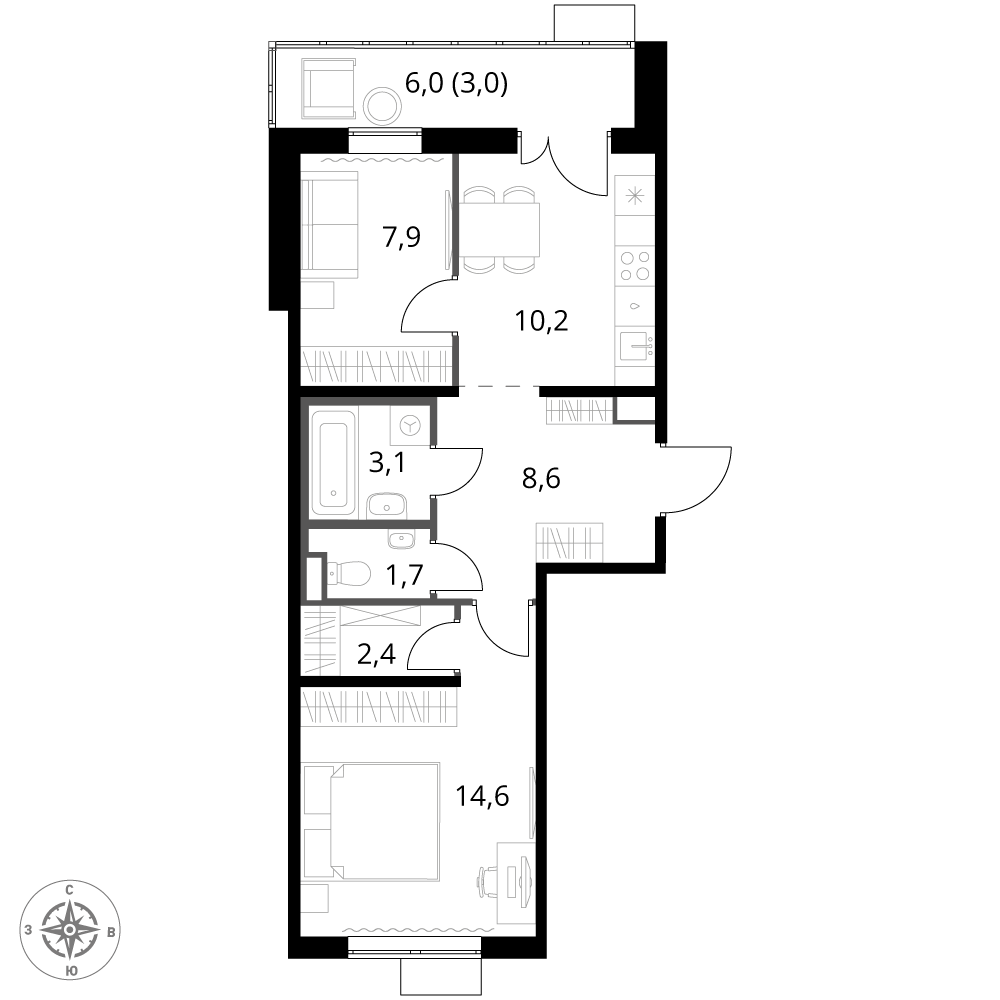 2 комн. квартира, 51.5 м², 14 этаж 