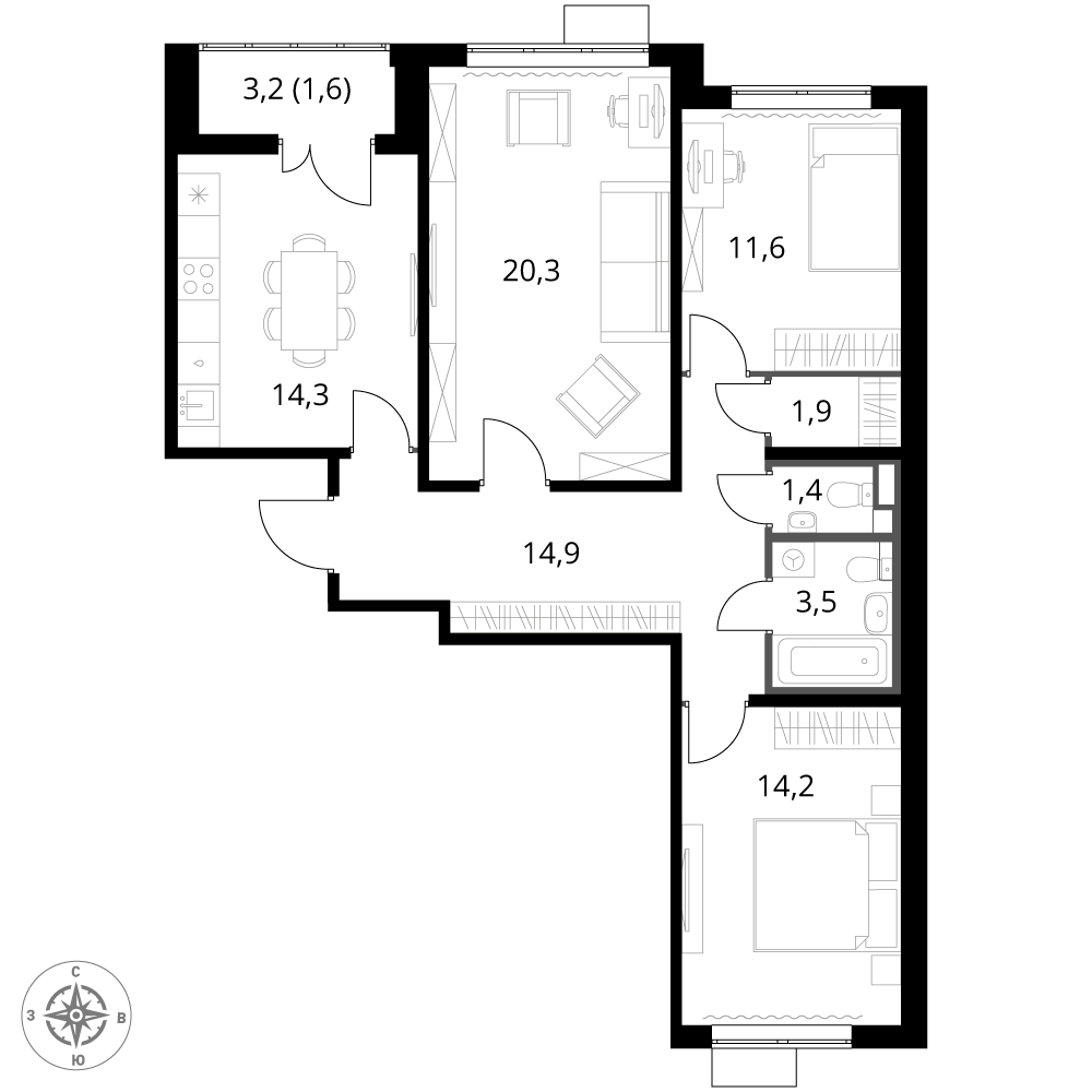 3 комн. квартира, 83.7 м², 3 этаж 