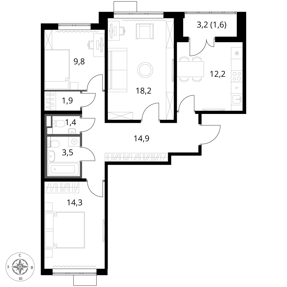 3 комн. квартира, 77.8 м², 4 этаж 