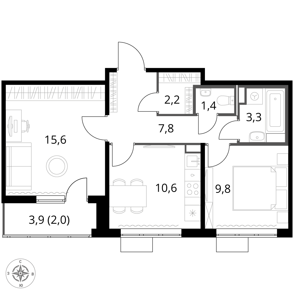 2 комн. квартира, 52.7 м², 15 этаж 