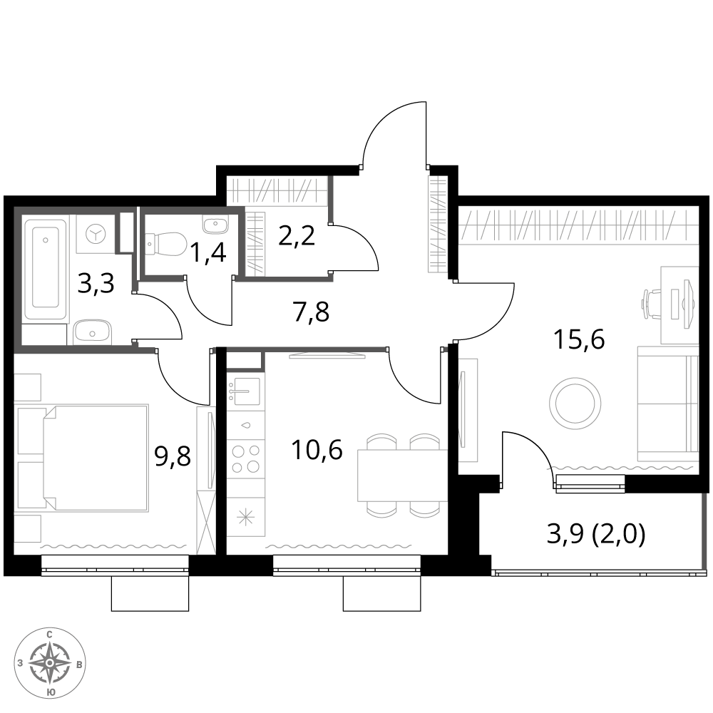 2 комн. квартира, 52.7 м², 16 этаж 
