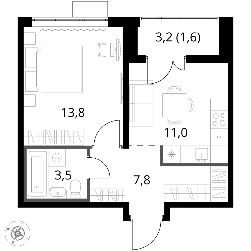 1 комн. квартира, 37.7 м², 2 этаж 