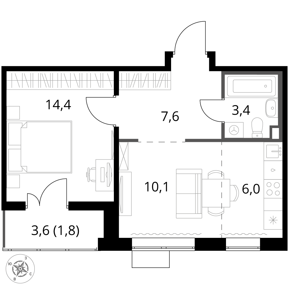 2 комн. квартира, 43.3 м², 17 этаж 