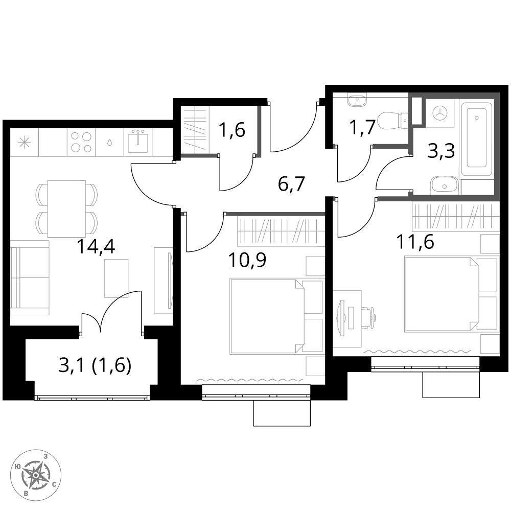 2 комн. квартира, 51.8 м², 15 этаж 