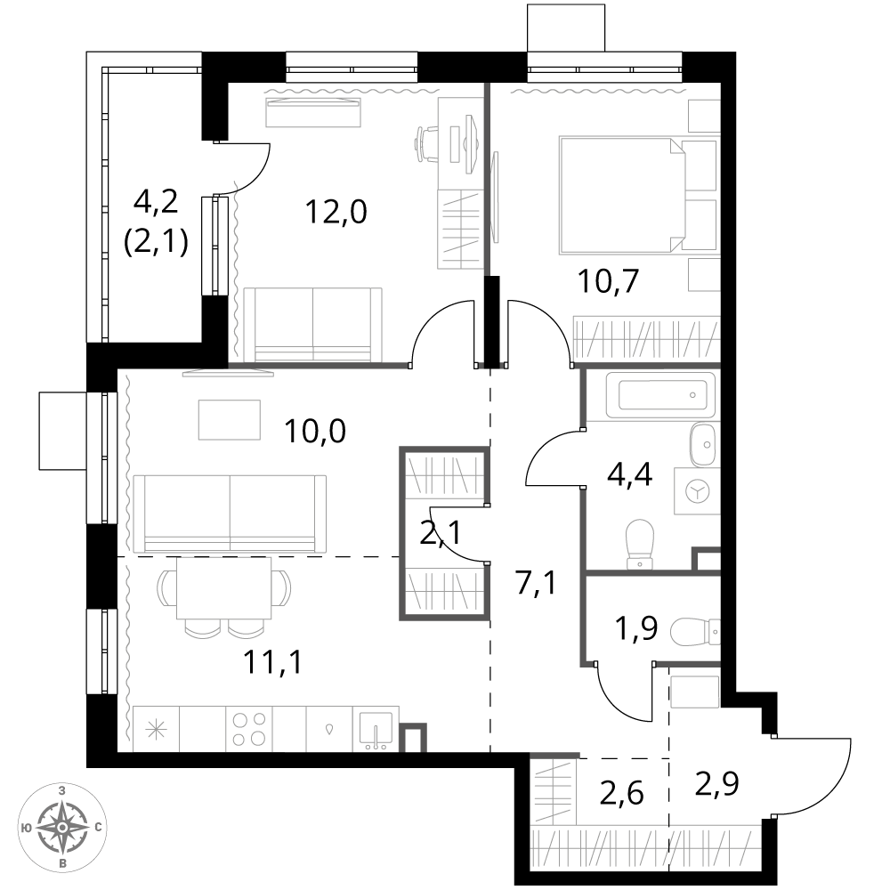 3 комн. квартира, 66.9 м², 2 этаж 