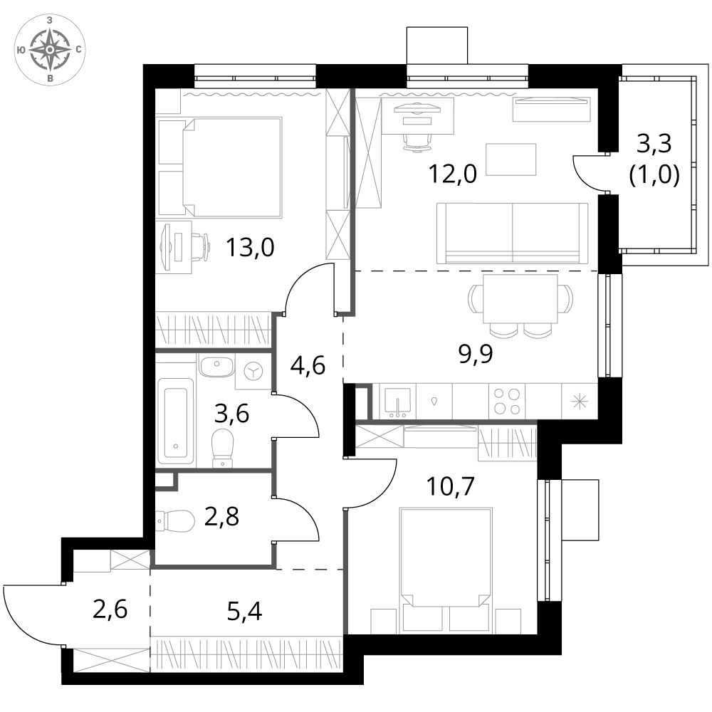 3 комн. квартира, 65.6 м², 2 этаж 