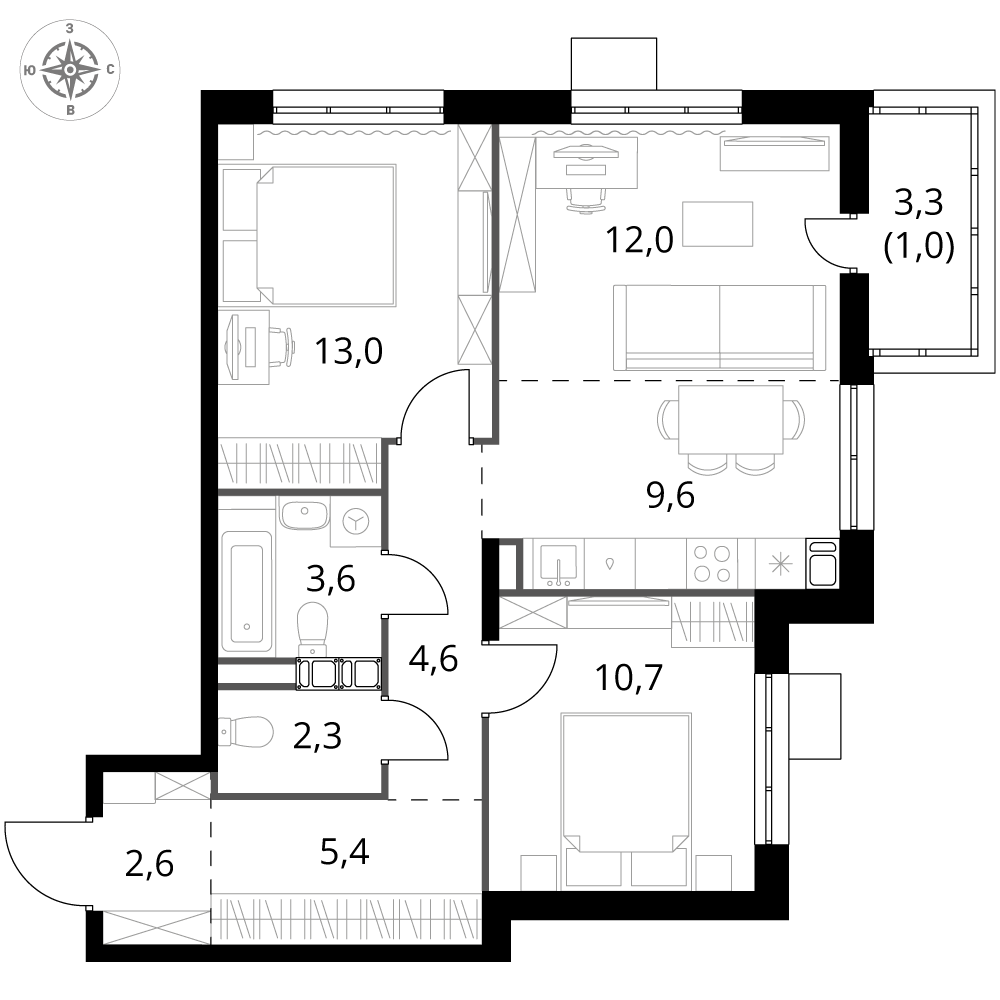 3 комн. квартира, 64.8 м², 3 этаж 