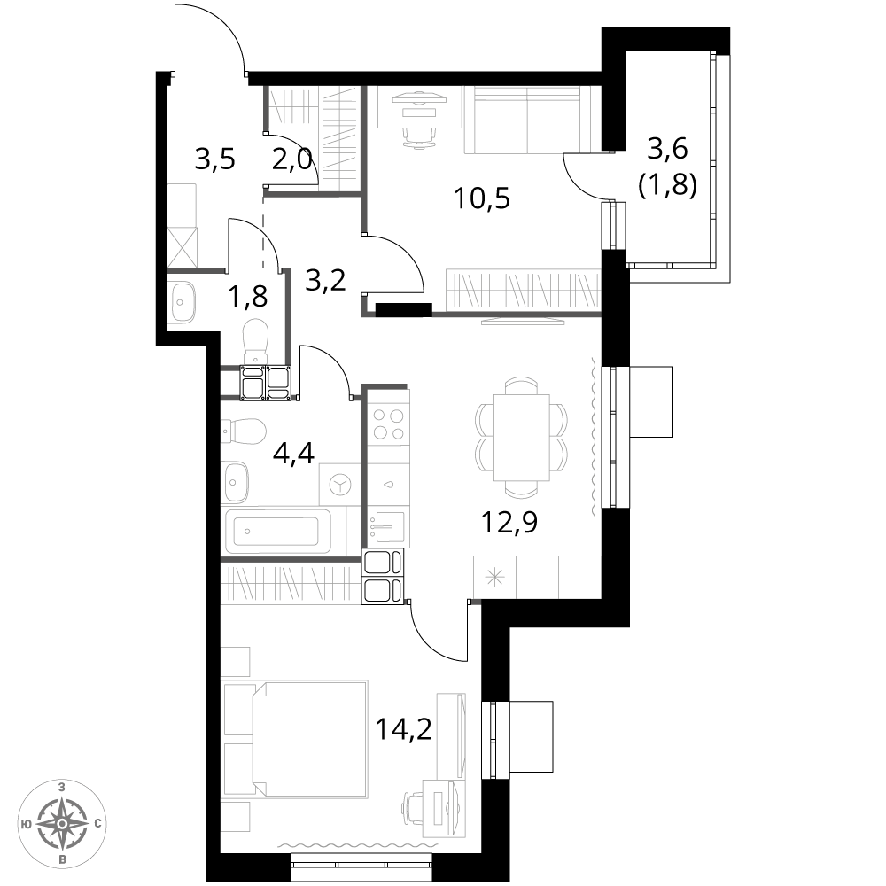 2 комн. квартира, 54.3 м², 22 этаж 