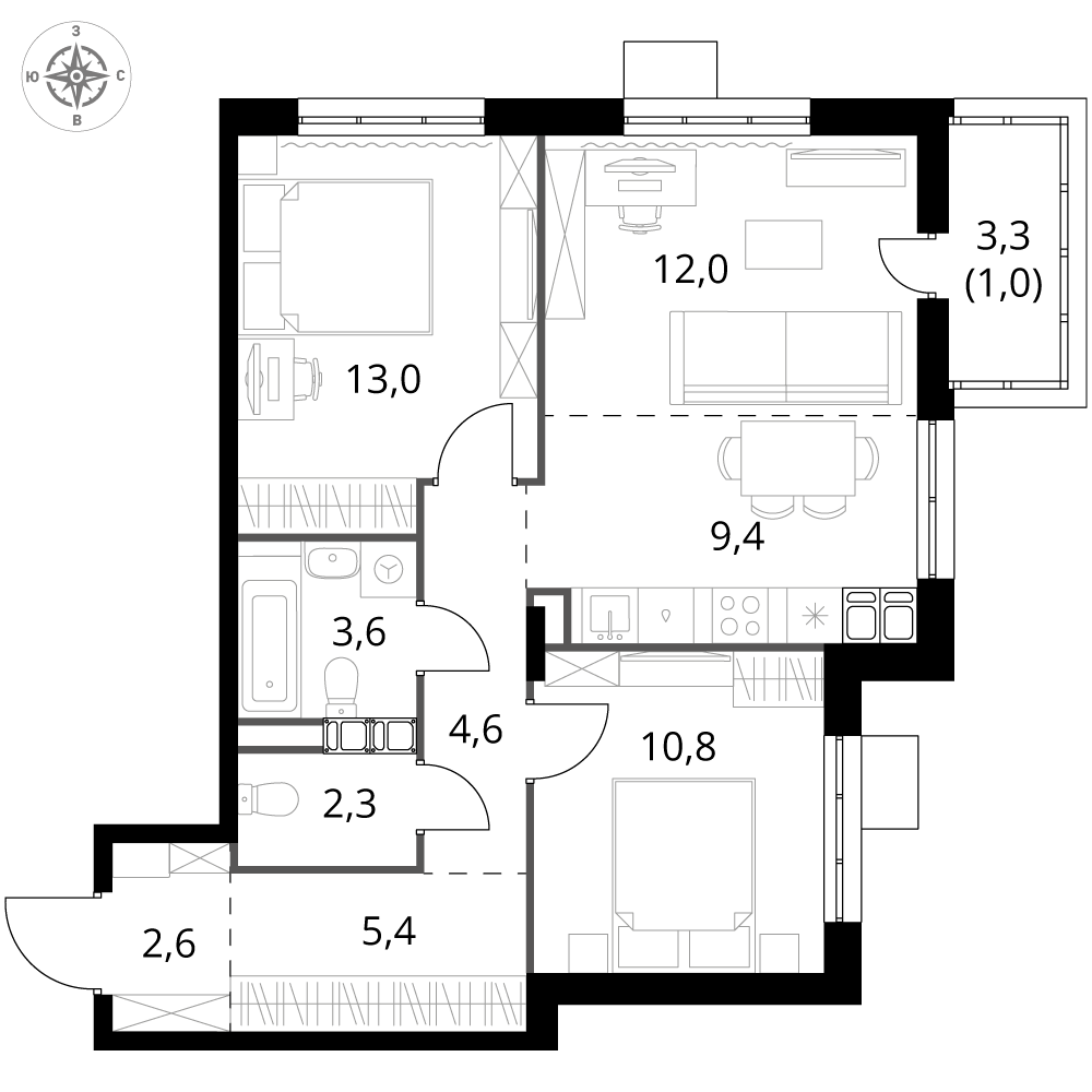 3 комн. квартира, 64.7 м², 24 этаж 