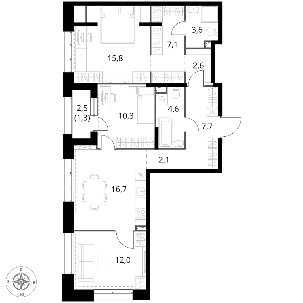 3 комн. квартира, 83.8 м², 2 этаж 