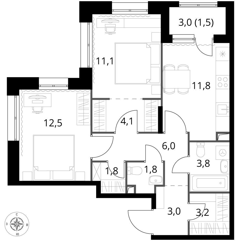 2 комн. квартира, 60.6 м², 2 этаж 